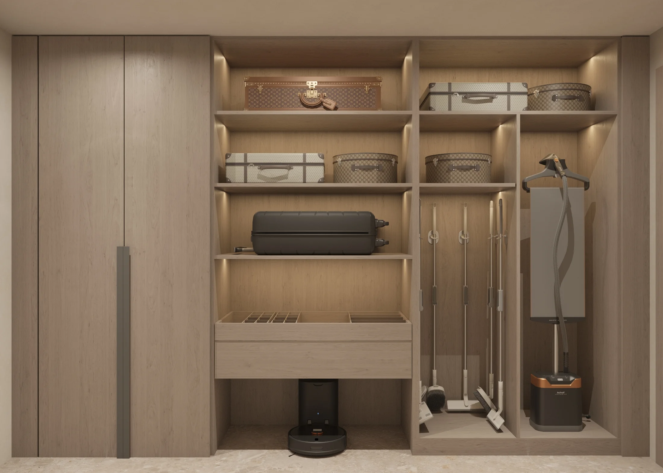 Open wardrobe wall with illuminated luggage shelves, divided drawer, cleaning tools, garment steamer and robot vacuum