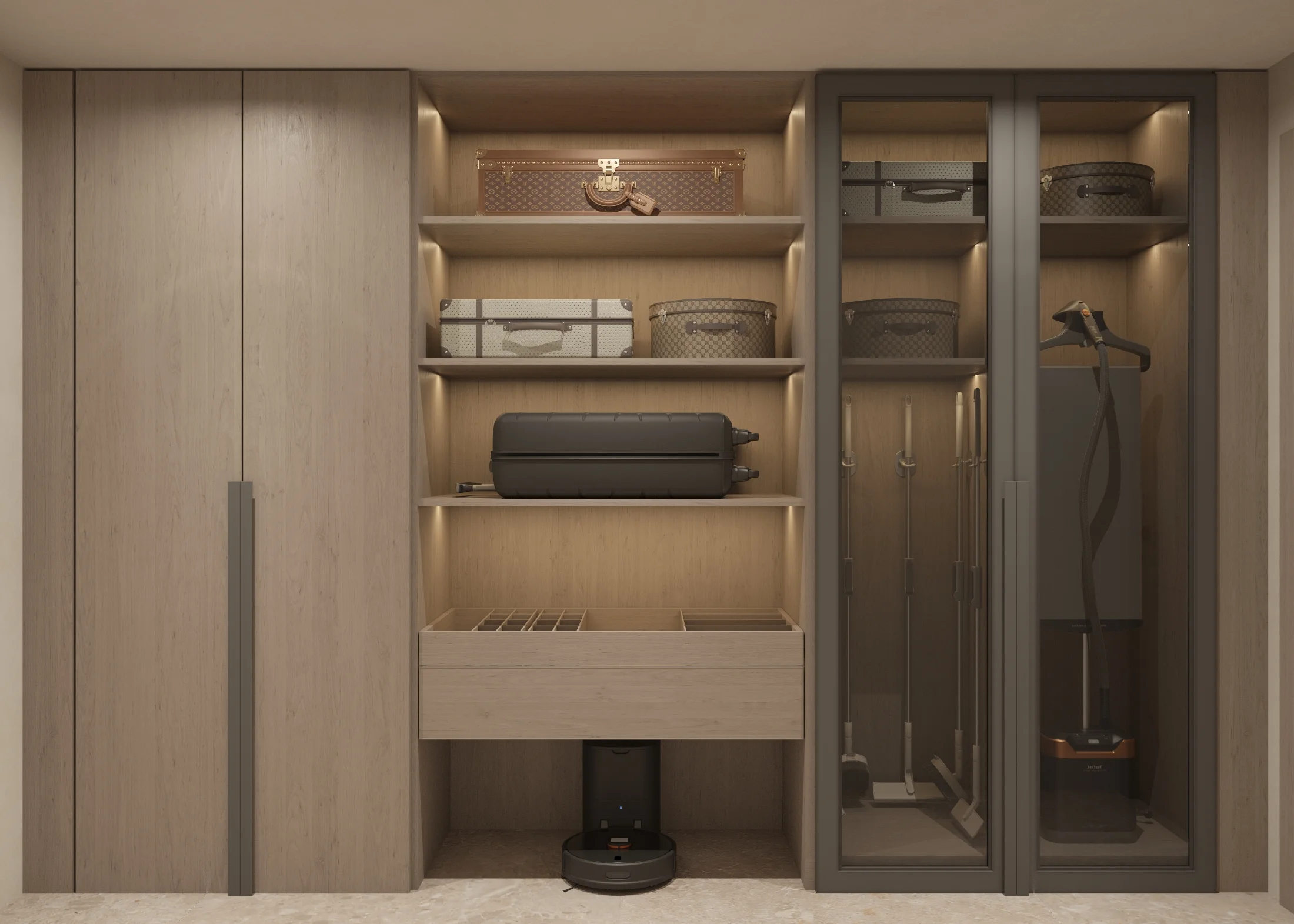Full-height storage wall with illuminated shelves and glass-fronted cabinetry in a Business Bay apartment