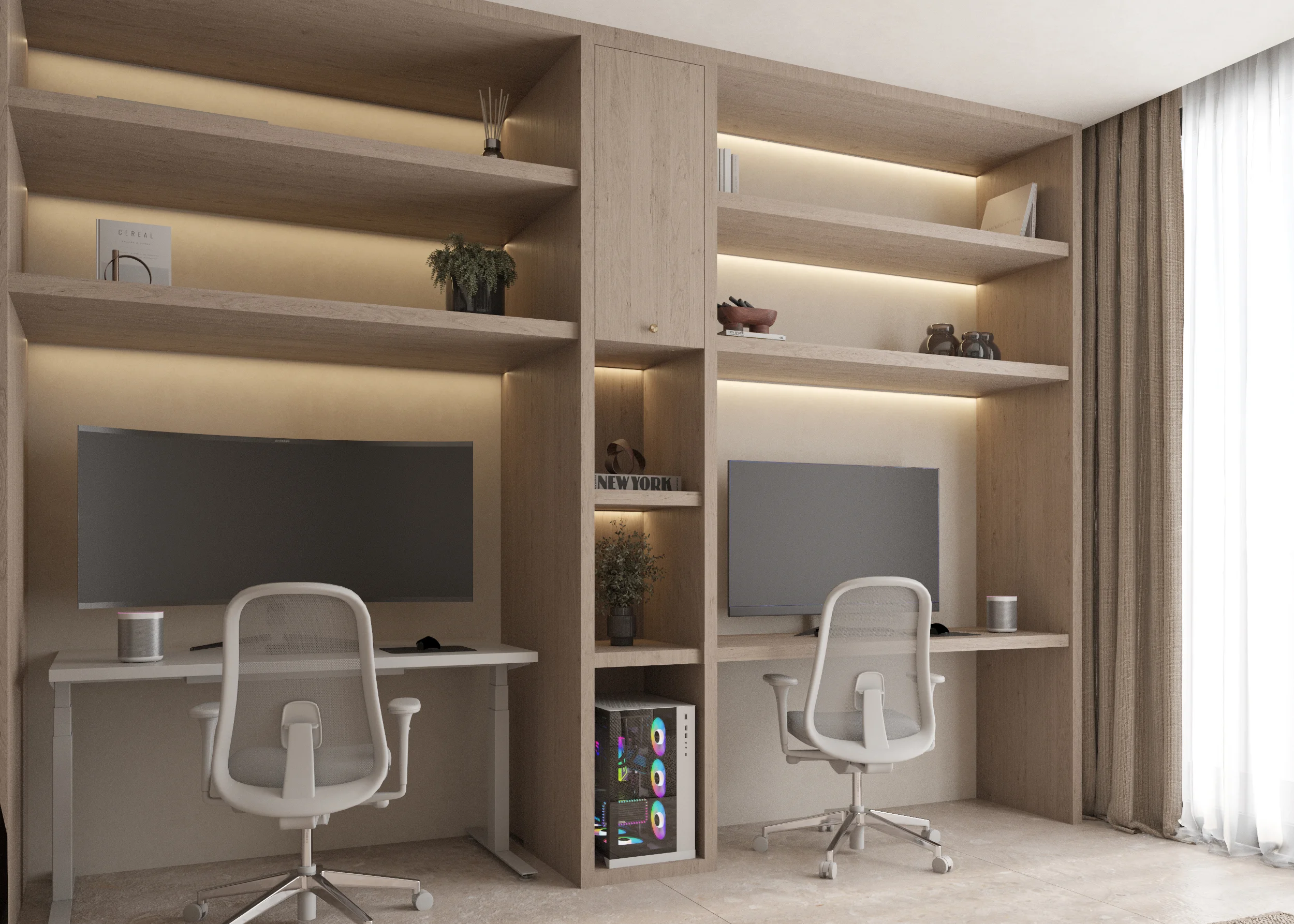 Integrated dual workstation framed by illuminated built-in shelving in a contemporary interior
