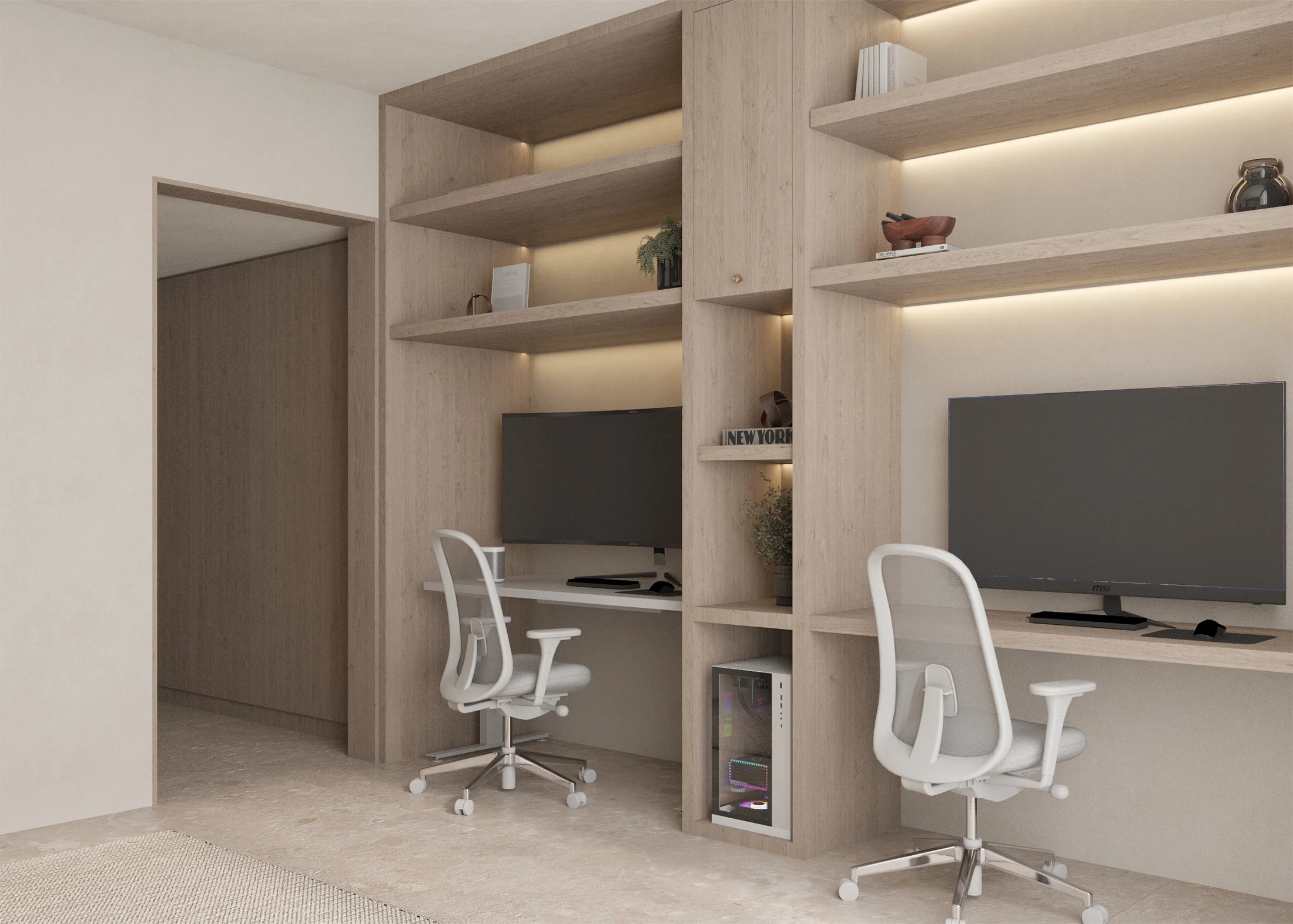 Angled view of two built-in desks with monitors, white task chairs and illuminated timber shelves