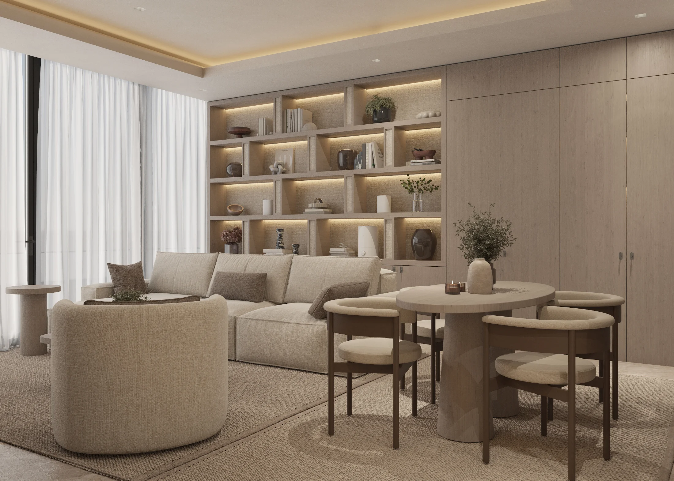 Round timber dining table and curved chairs in front of a neutral lounge with backlit display shelving