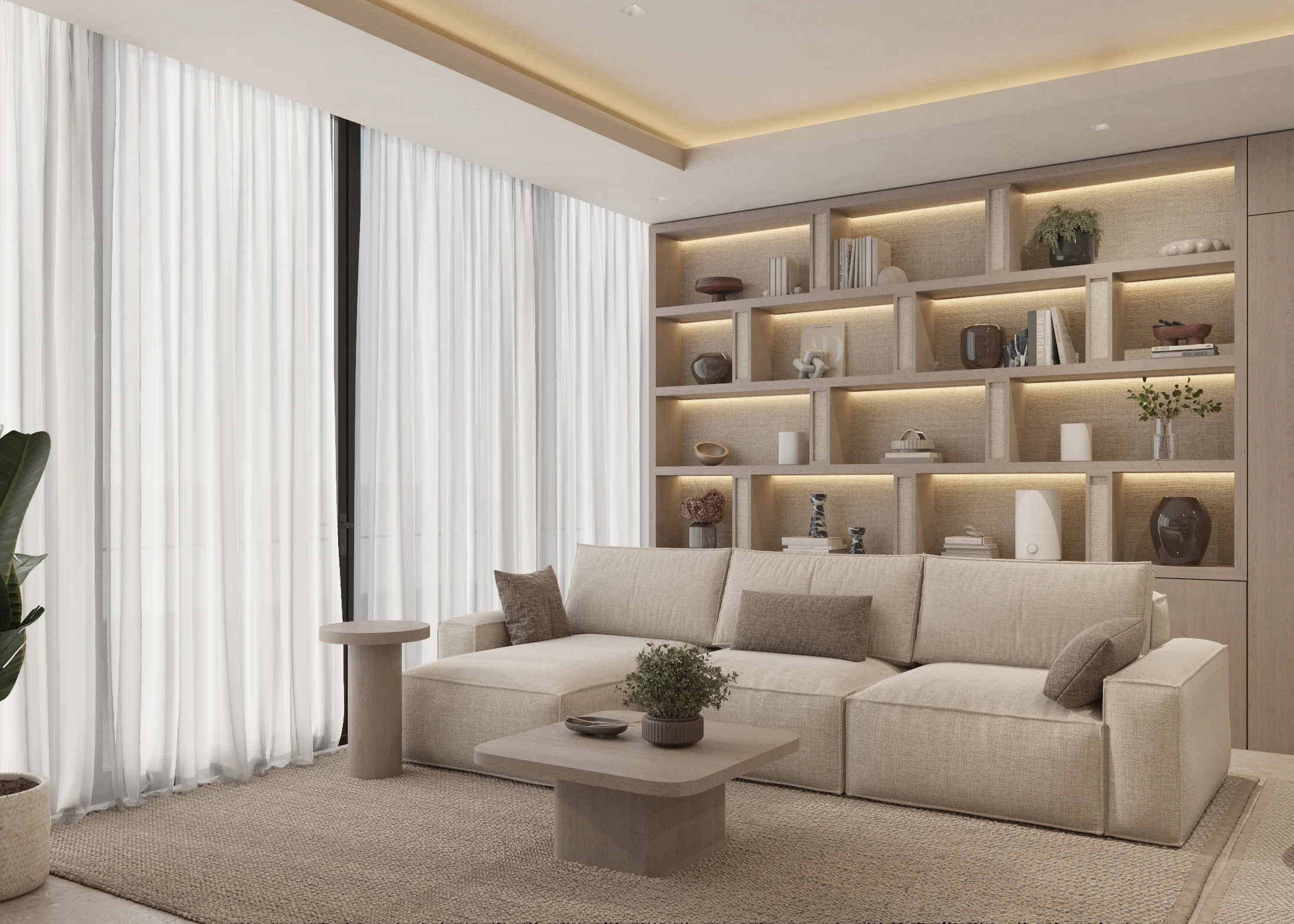 Full-height sheer curtains beside a pale sectional sofa, low tables and illuminated display shelving