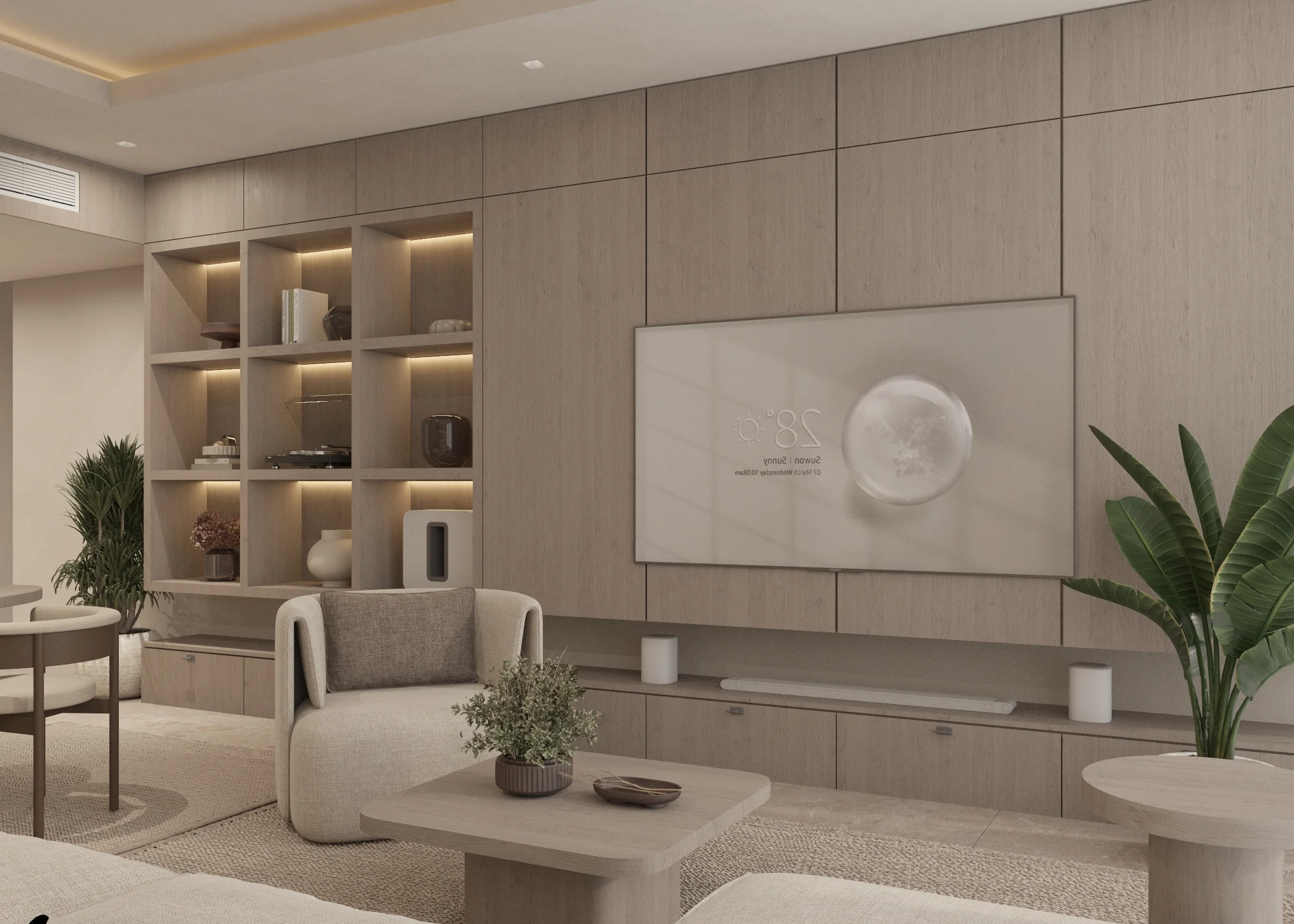 Timber-clad media wall with television, low cabinets, illuminated niches and an indoor plant