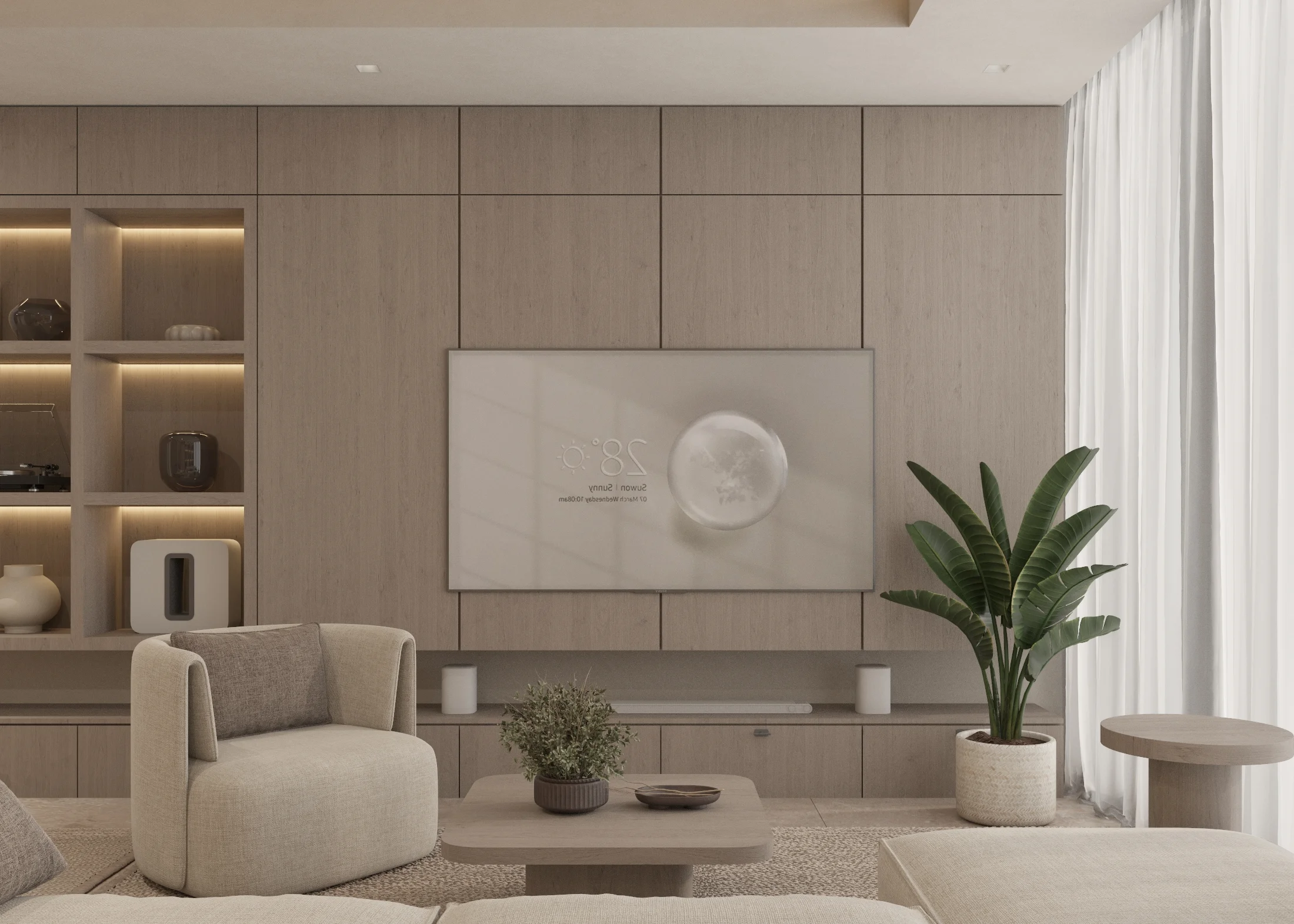 Front view of the television wall with a lounge chair, low cabinet, potted plant and sheer curtains