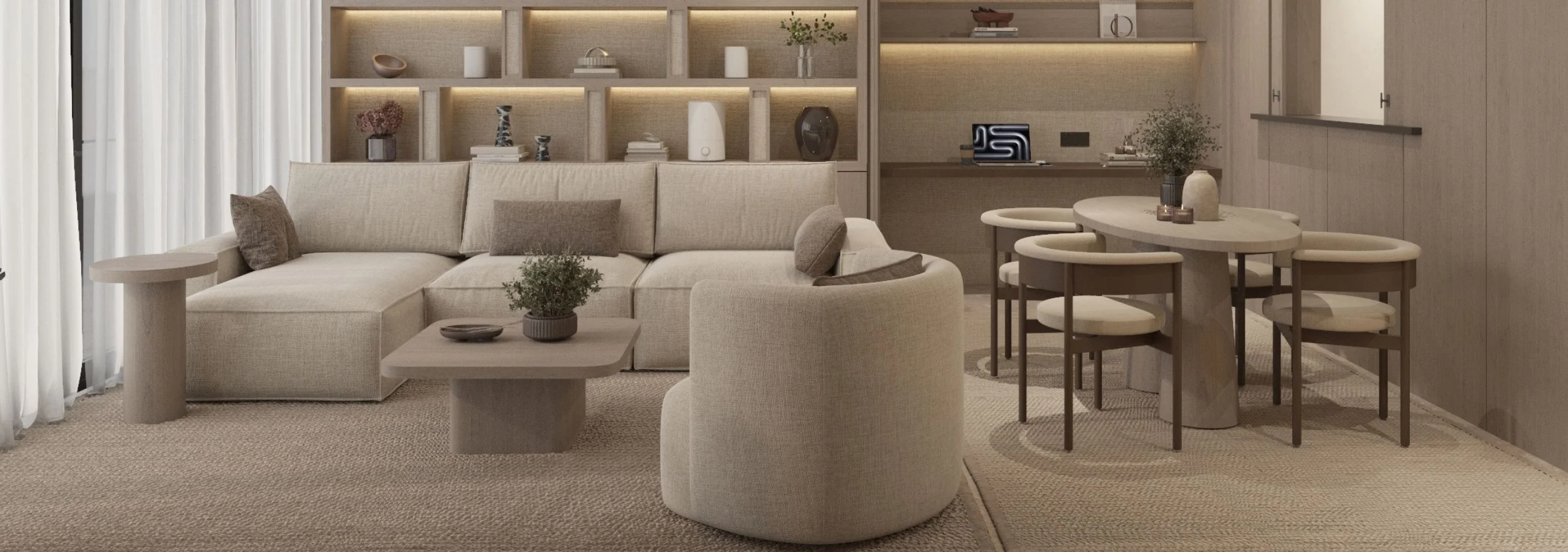 Business Bay apartment living and dining area with a pale sectional, round table and illuminated shelving