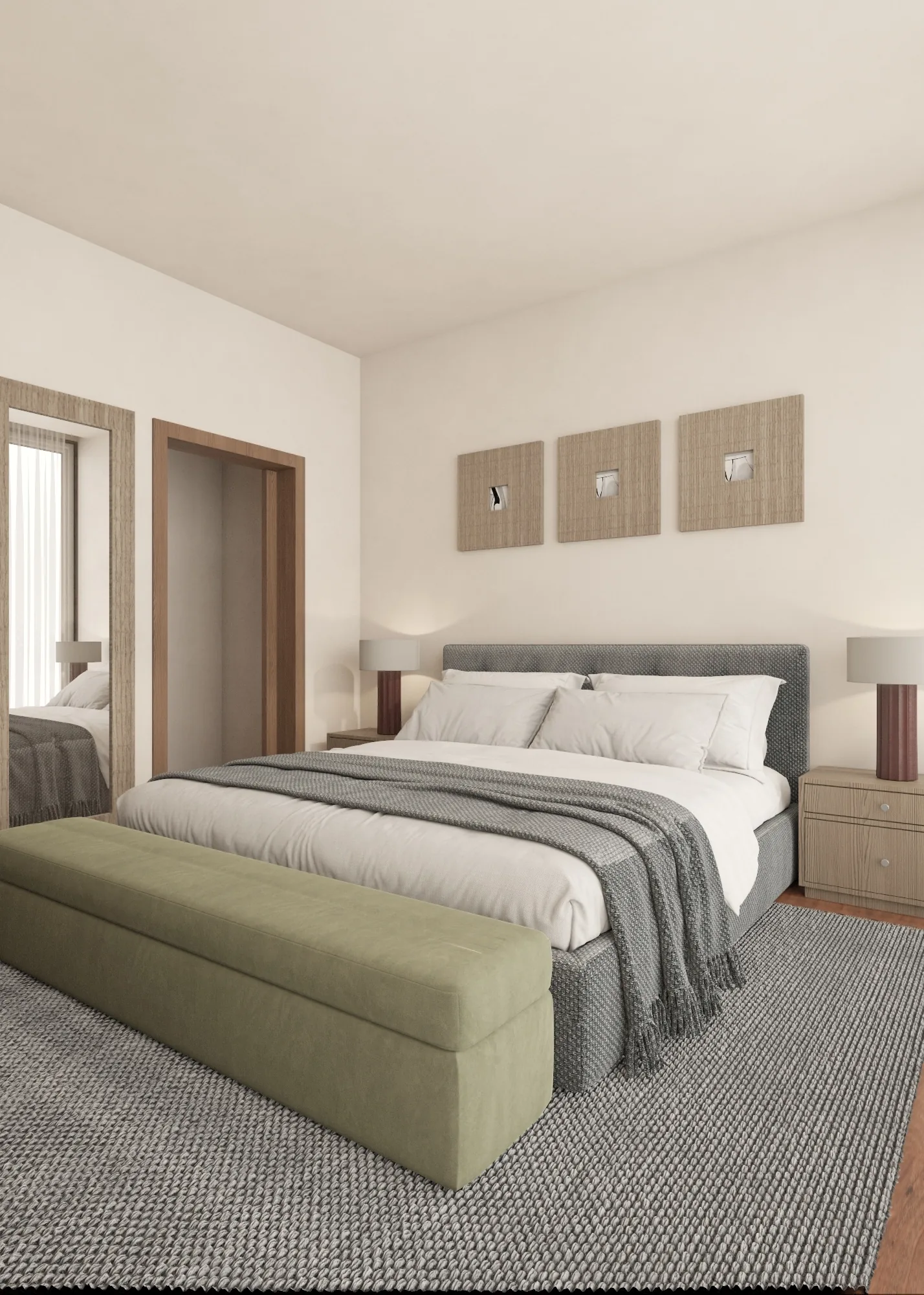 Angled bedroom view with pale bedding, green bench and framed artwork