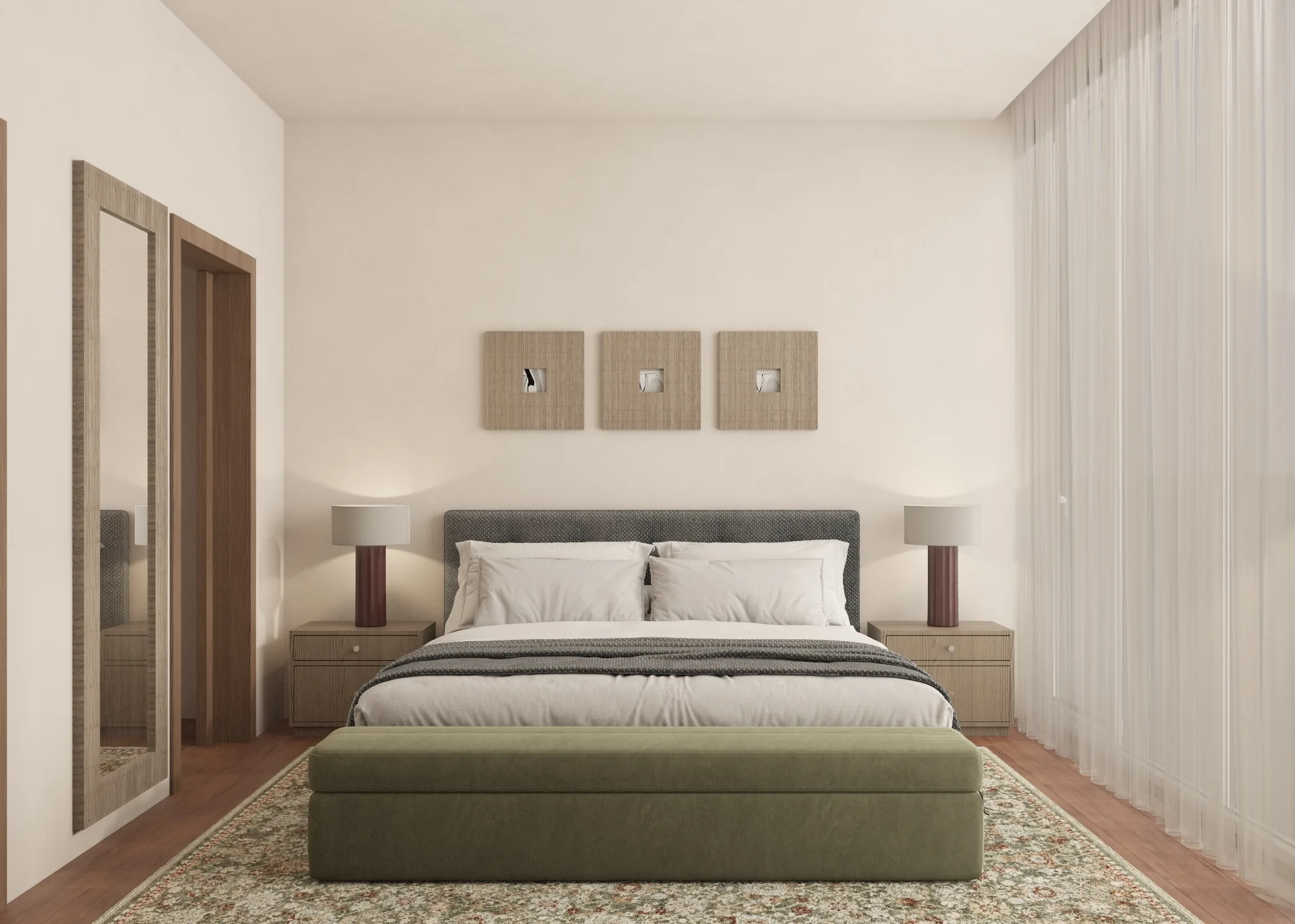 Wide bedroom view with pale bedding, green bench, timber bedside tables and sheer curtains