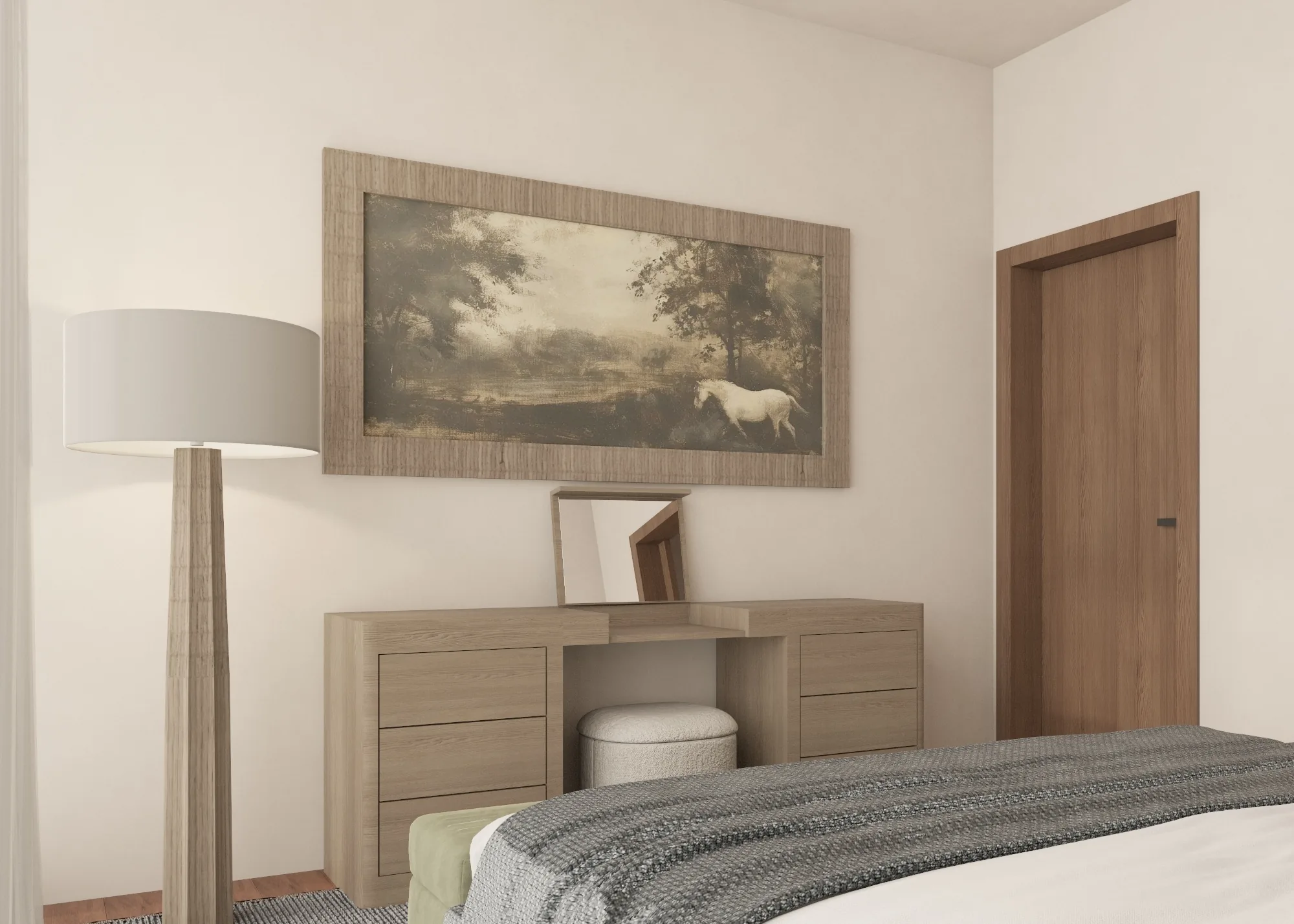 Bedroom dresser, floor lamp and landscape artwork viewed across the bed