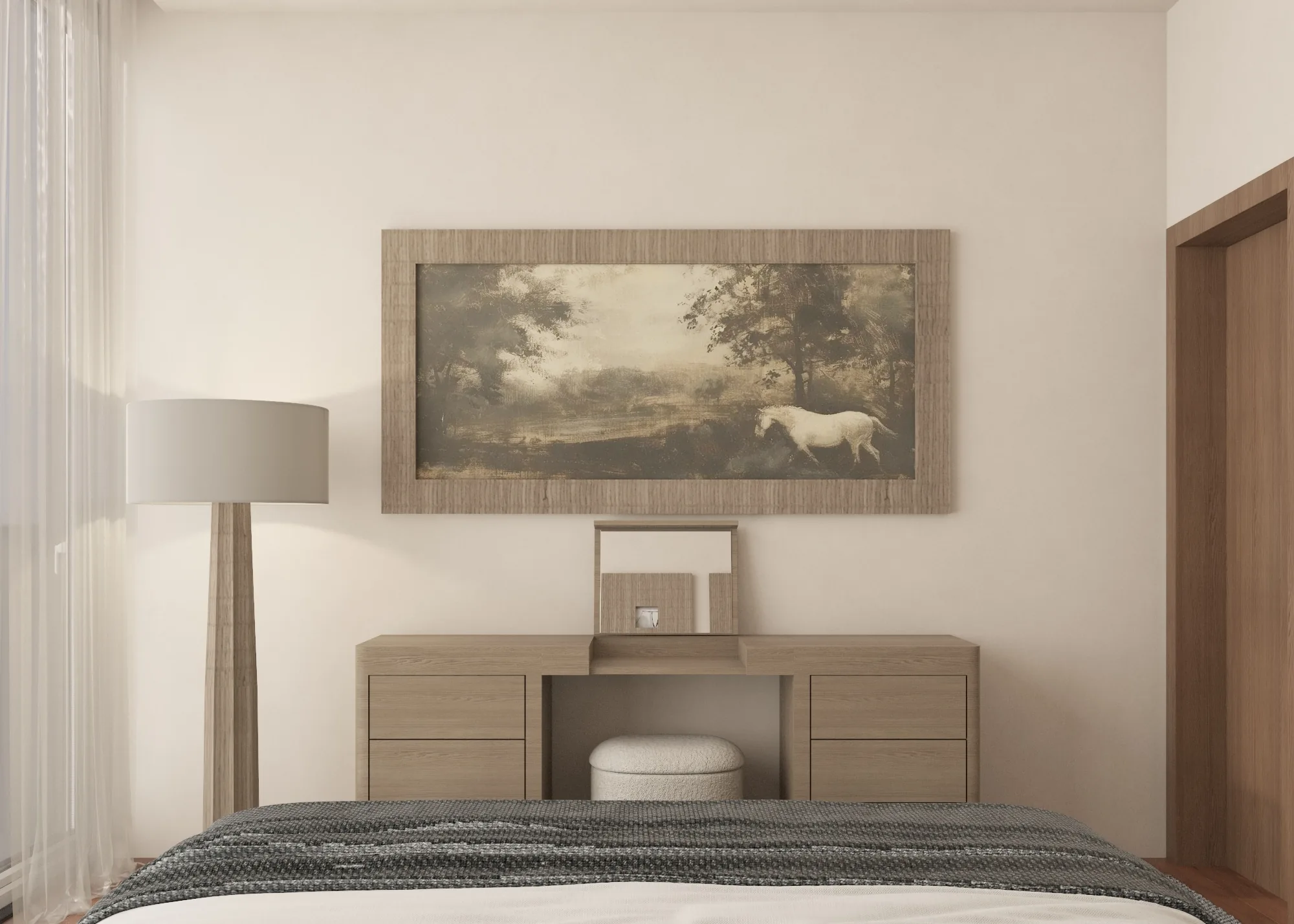 Bedroom dresser with artwork, floor lamp and a small upholstered stool