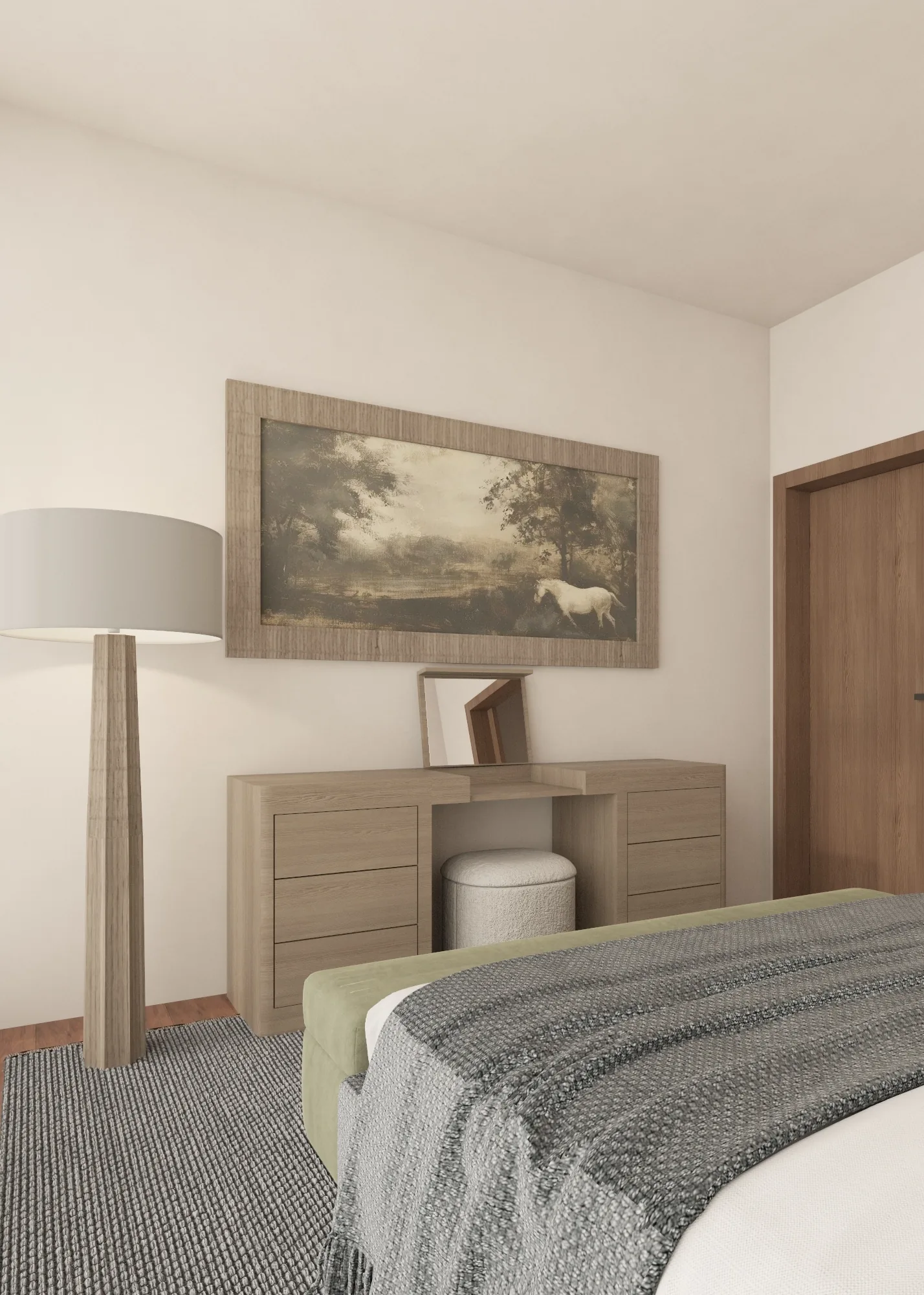 Portrait bedroom view with landscape artwork, timber dresser and floor lamp