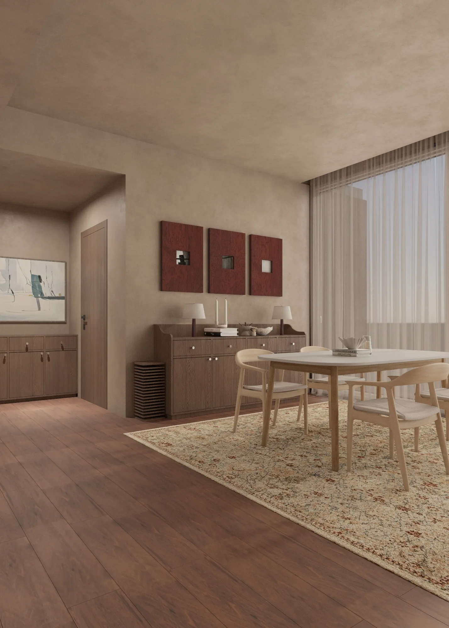 Portrait view of the timber dining table, chairs, sideboard and sheer curtains
