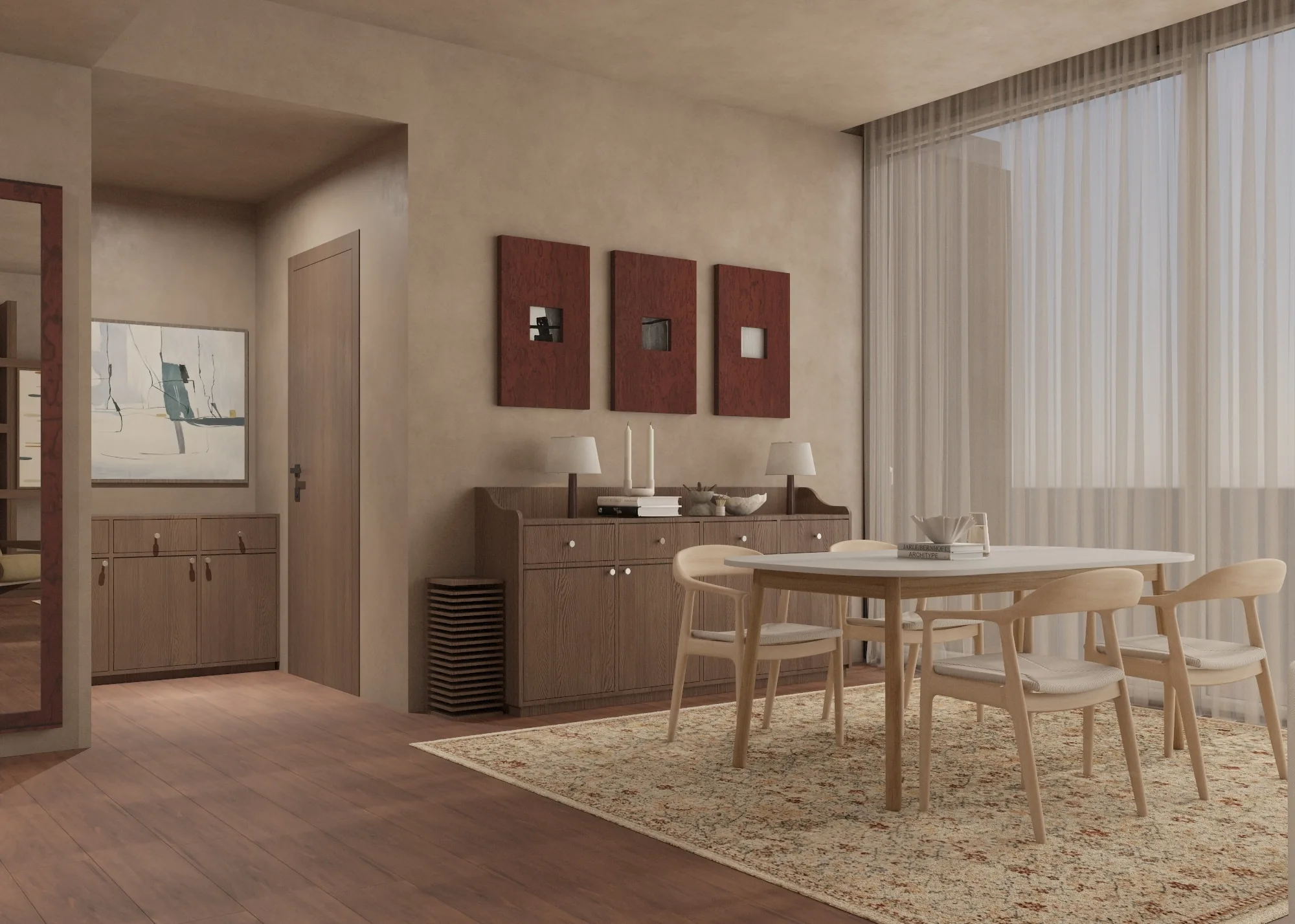 Dining table and six chairs beside a sideboard, framed artworks and sheer curtains