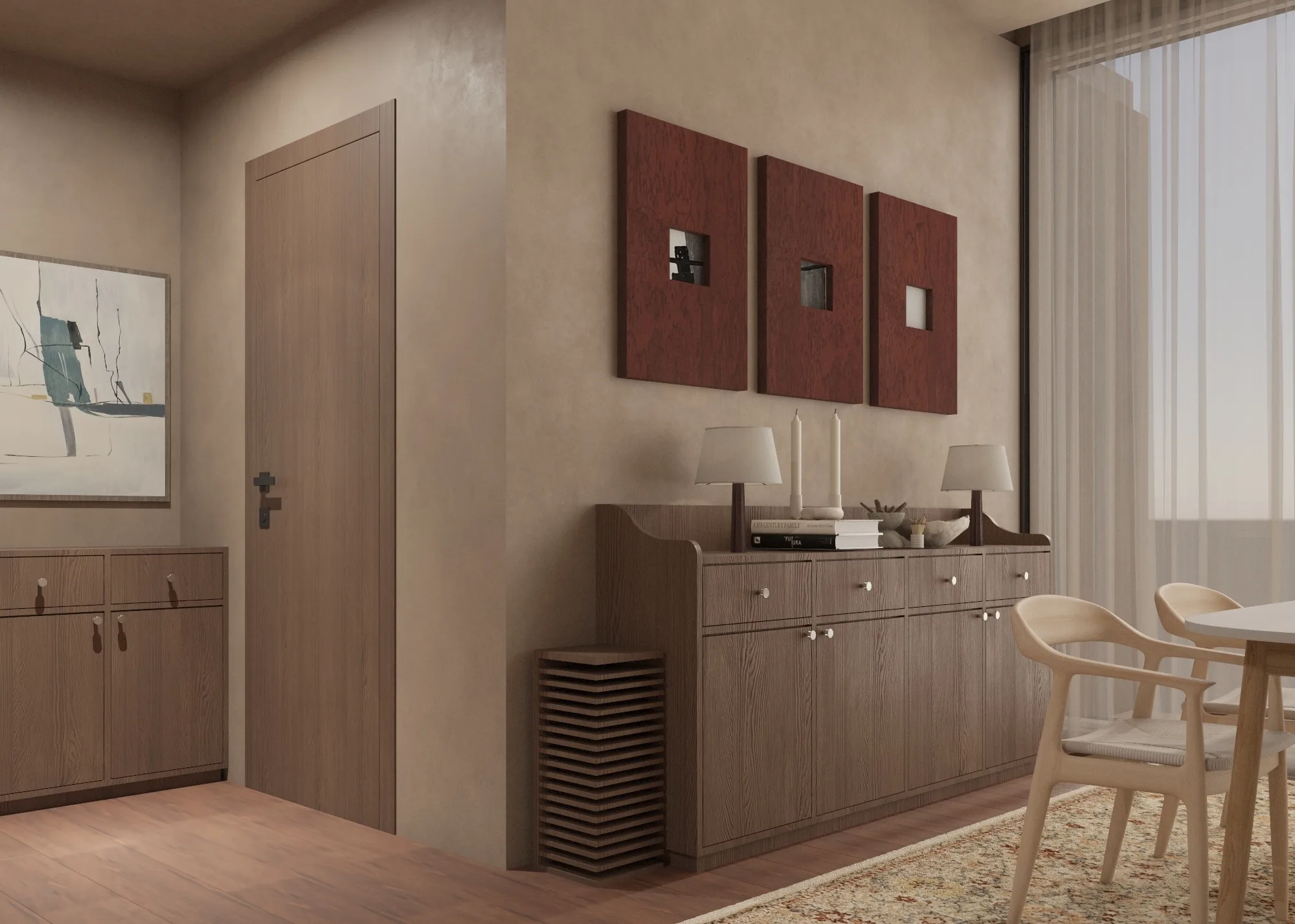 Dining sideboard with framed panels, stacked stools and adjacent timber doors