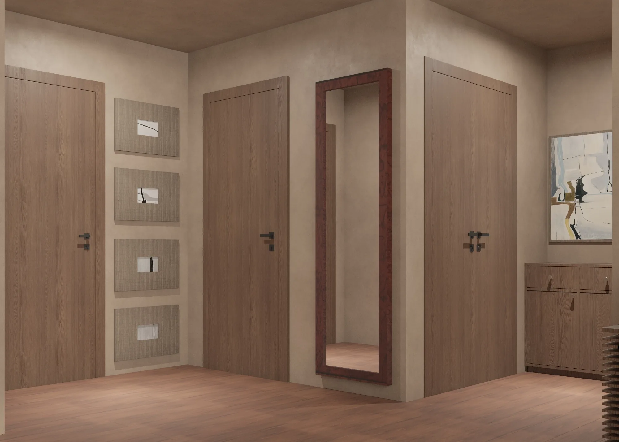Timber-lined entrance hallway with full-length mirror, framed prints and flush doors