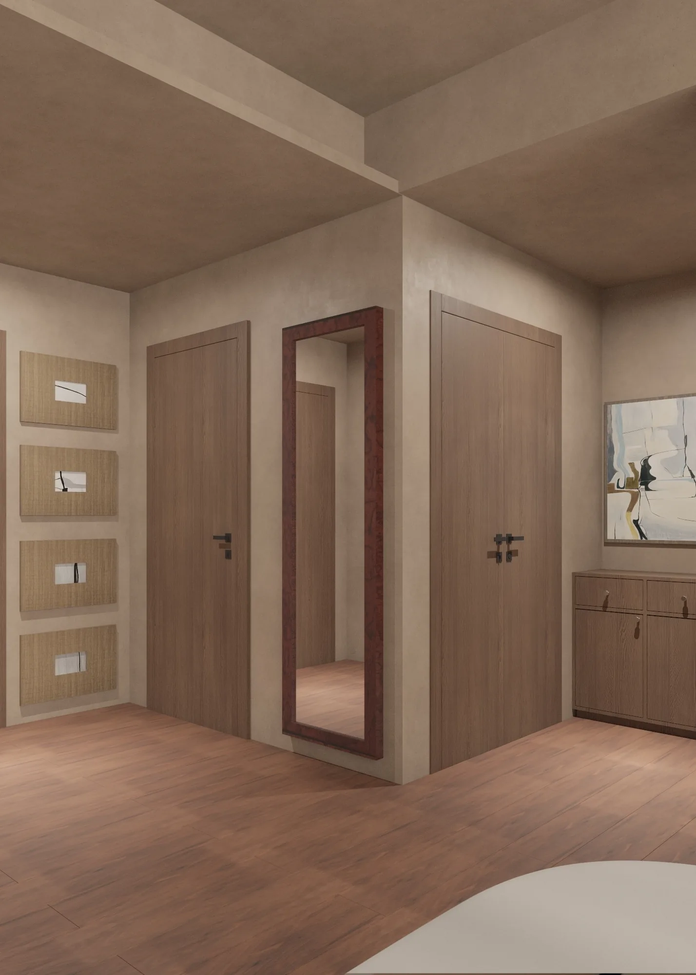 Portrait view of the timber entrance with full-length mirror and flush doors