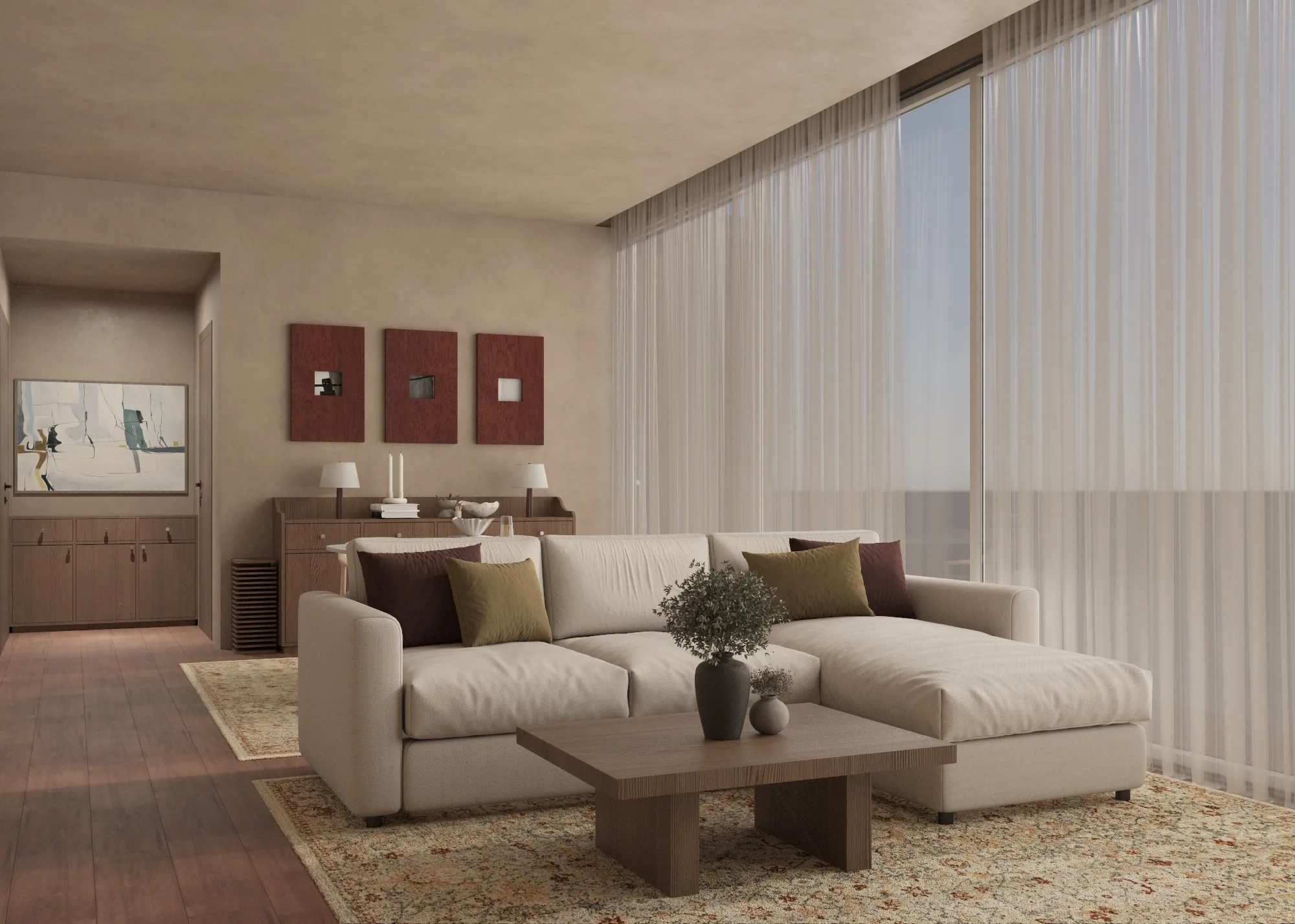 Wide living and dining room with sectional sofa, timber table and full-height curtains