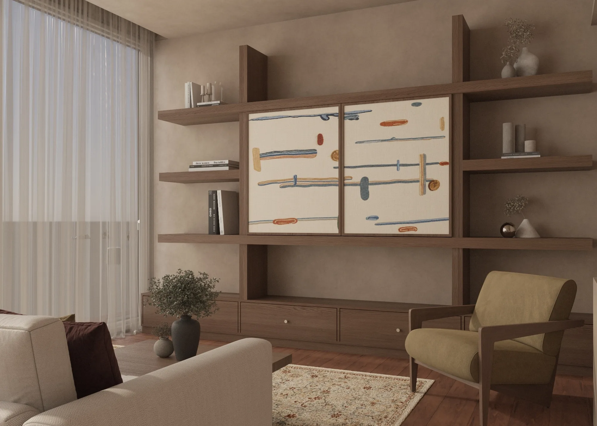 Angled design visualisation of the media wall, lounge chair and living-room seating
