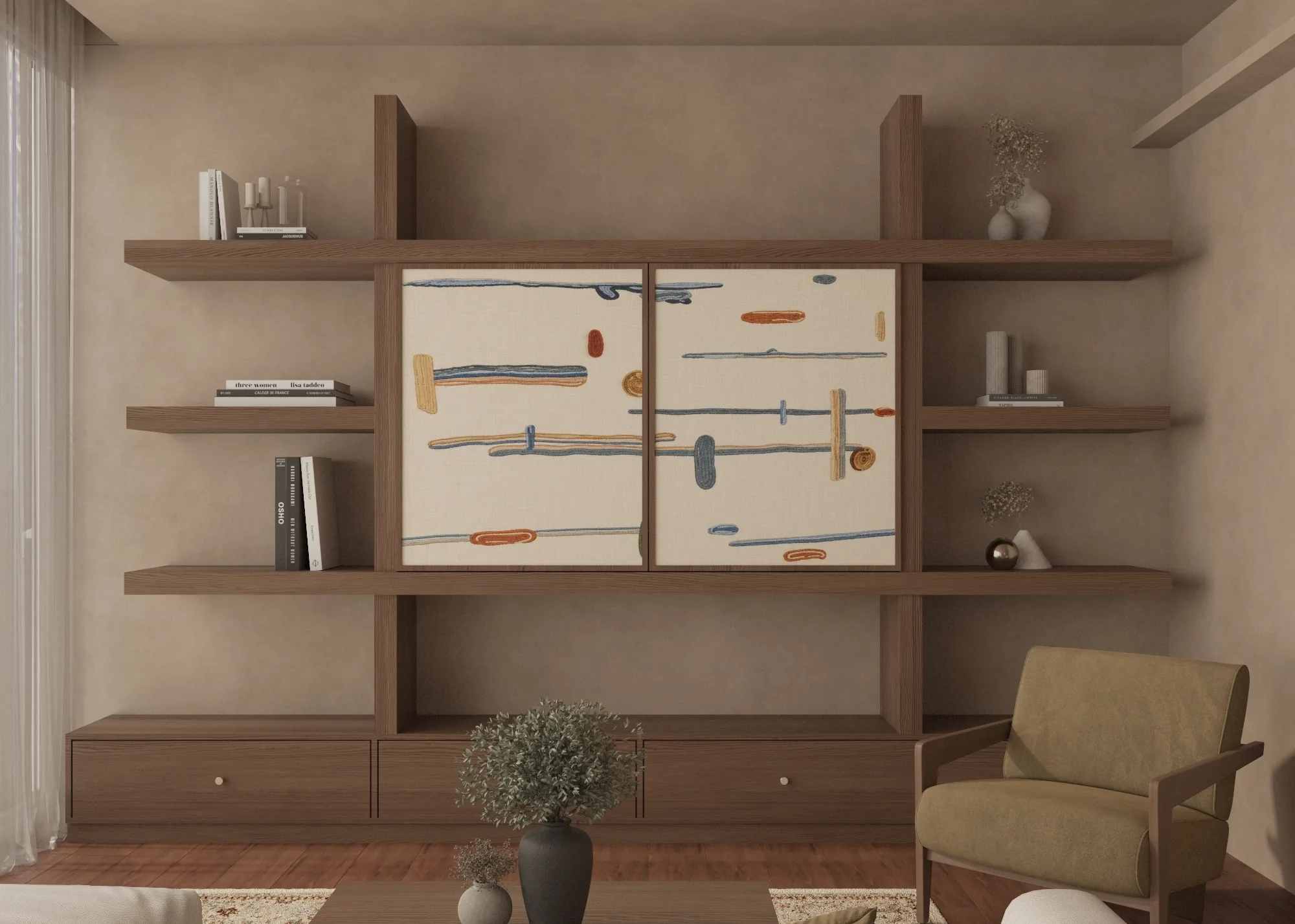 Timber media wall with open shelves, abstract artwork and a lounge chair