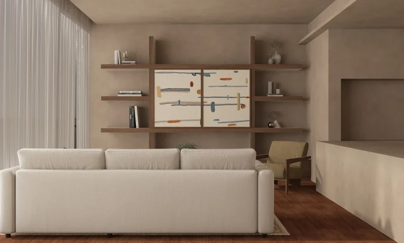 City Walk Apartment living room with timber media wall