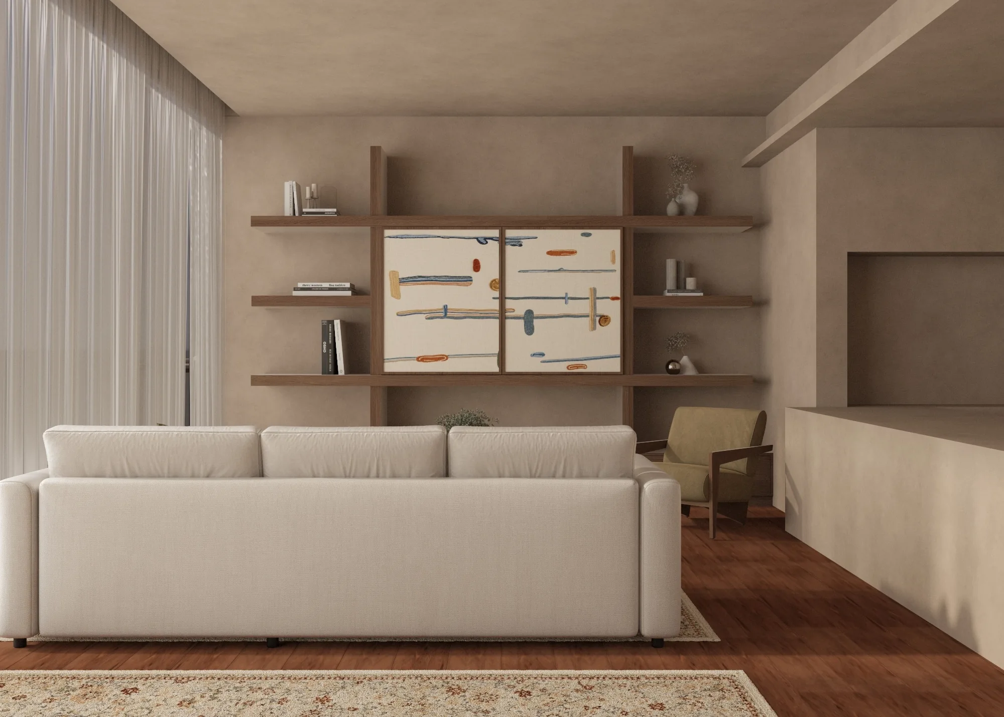 City Walk Apartment living room with a pale sofa facing a timber media wall and abstract artwork