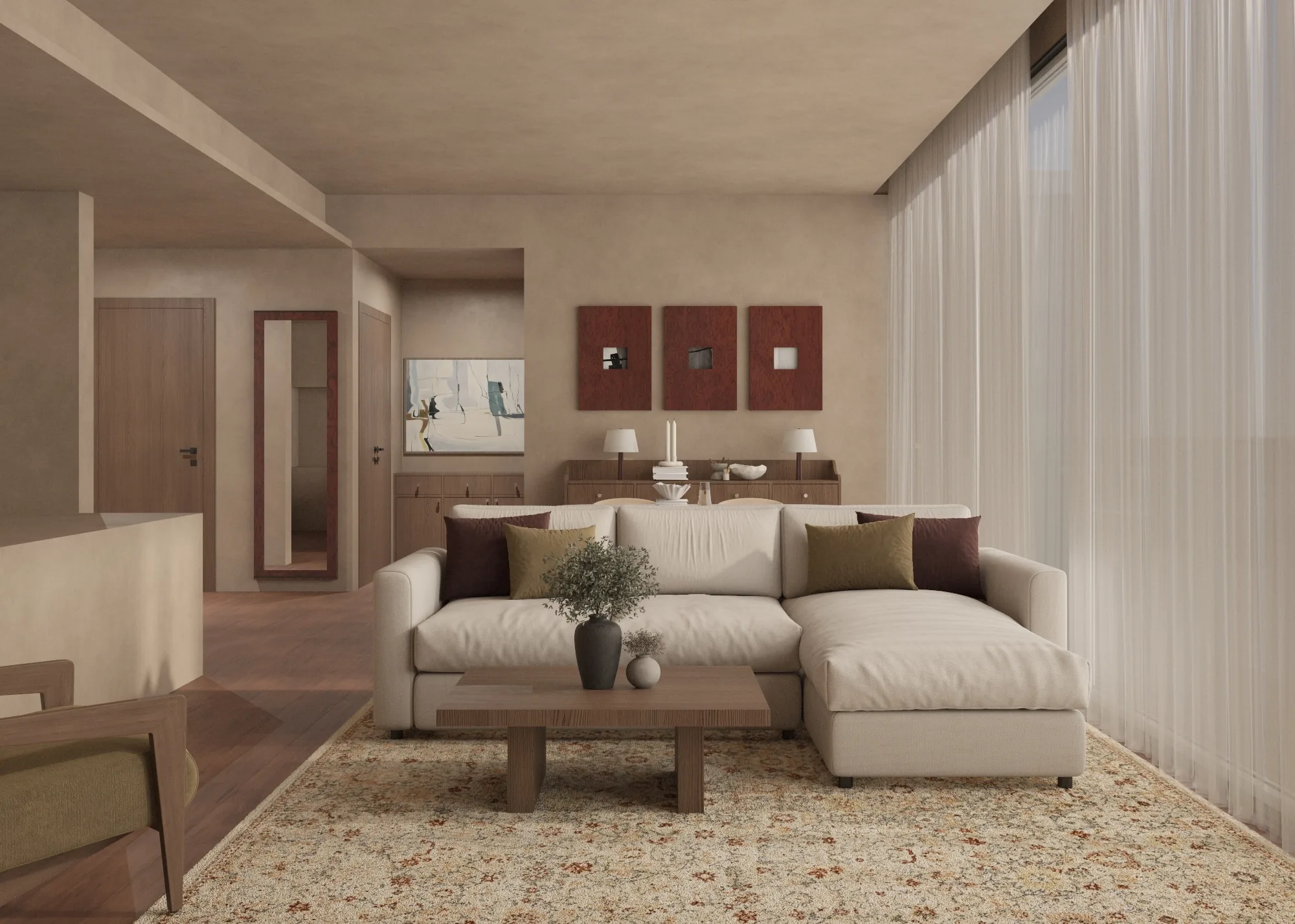 Open living room with pale sectional seating, timber tables and the dining area beyond