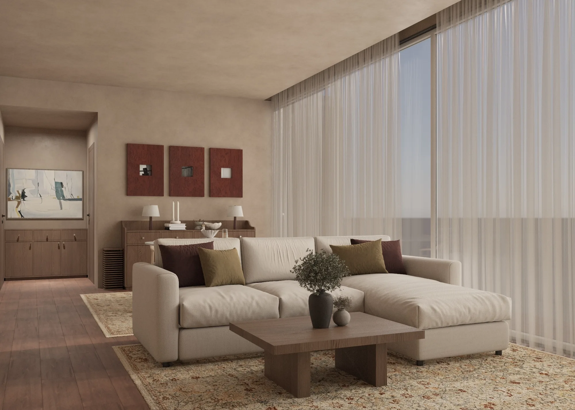 Pale sectional sofa and timber coffee table beside full-height sheer curtains