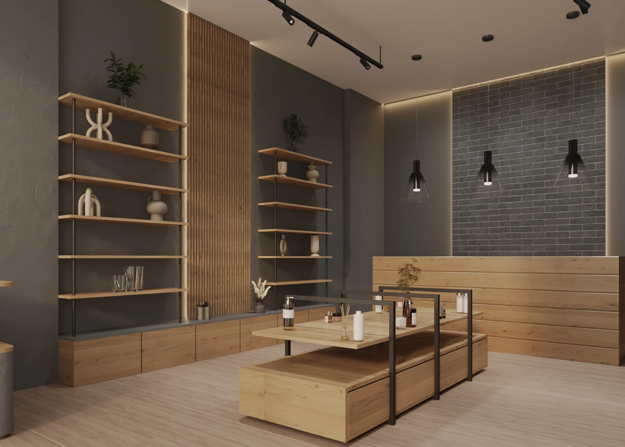 Angled boutique overview with central product tables, open wall shelving and the timber service counter beyond