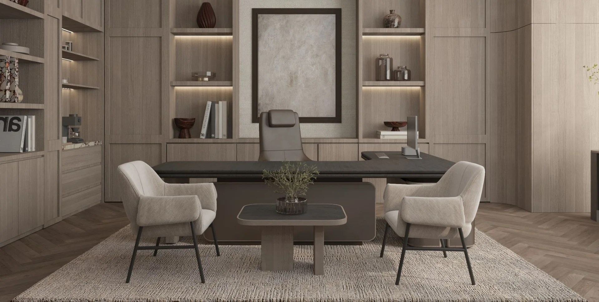 Principal workspace with curved desk, visitor seating and full-height joinery