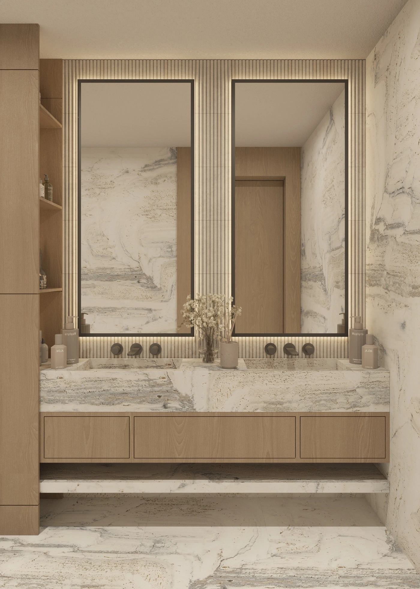 Twin illuminated mirrors above a white-veined marble vanity with fluted panels and pale oak joinery