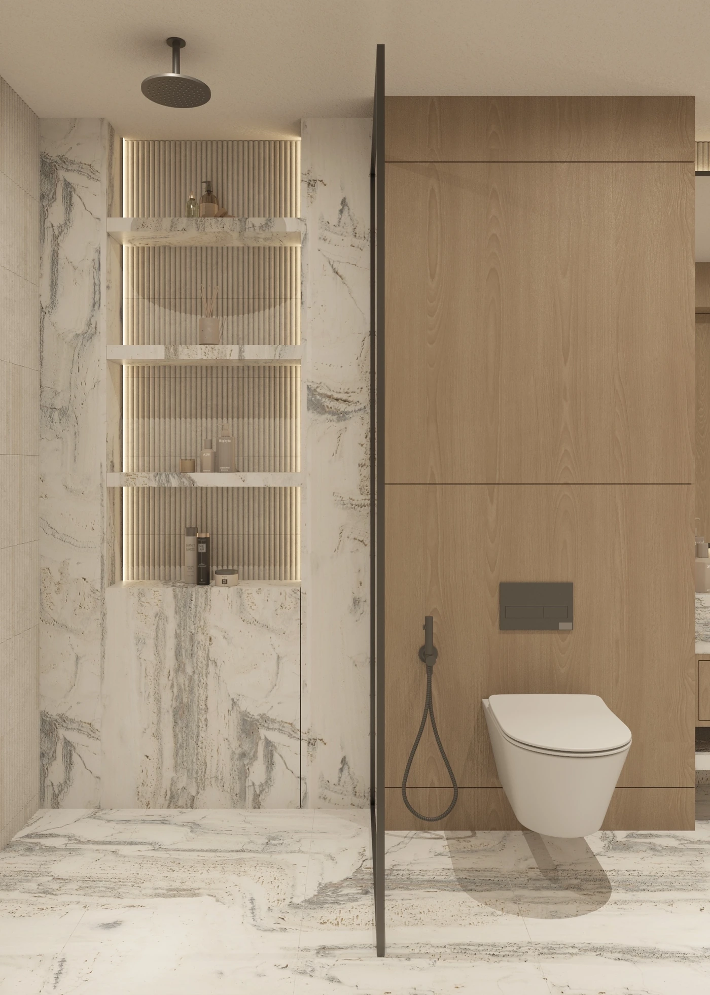 White marble shower niche beside pale timber storage and wall-mounted toilet