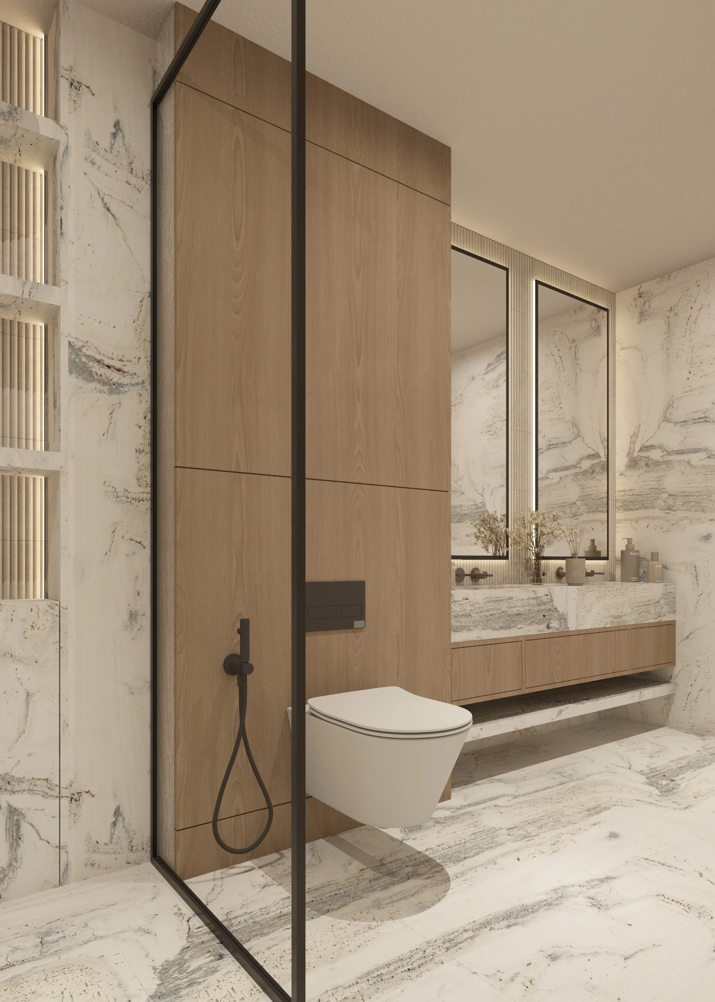 Angled portrait view of toilet, timber partition and white marble vanity