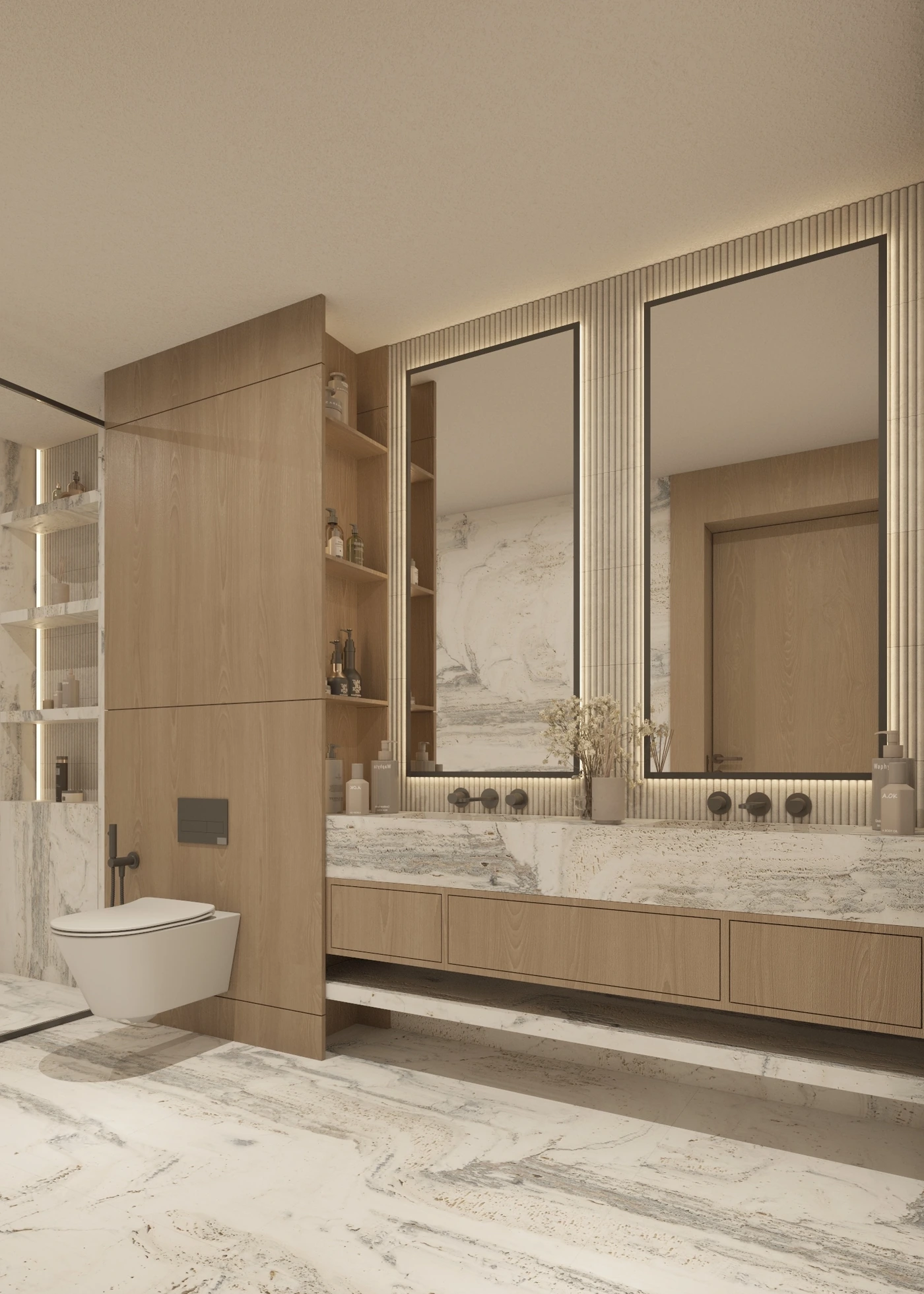 Wide portrait view across the toilet toward twin mirrors and white marble vanity