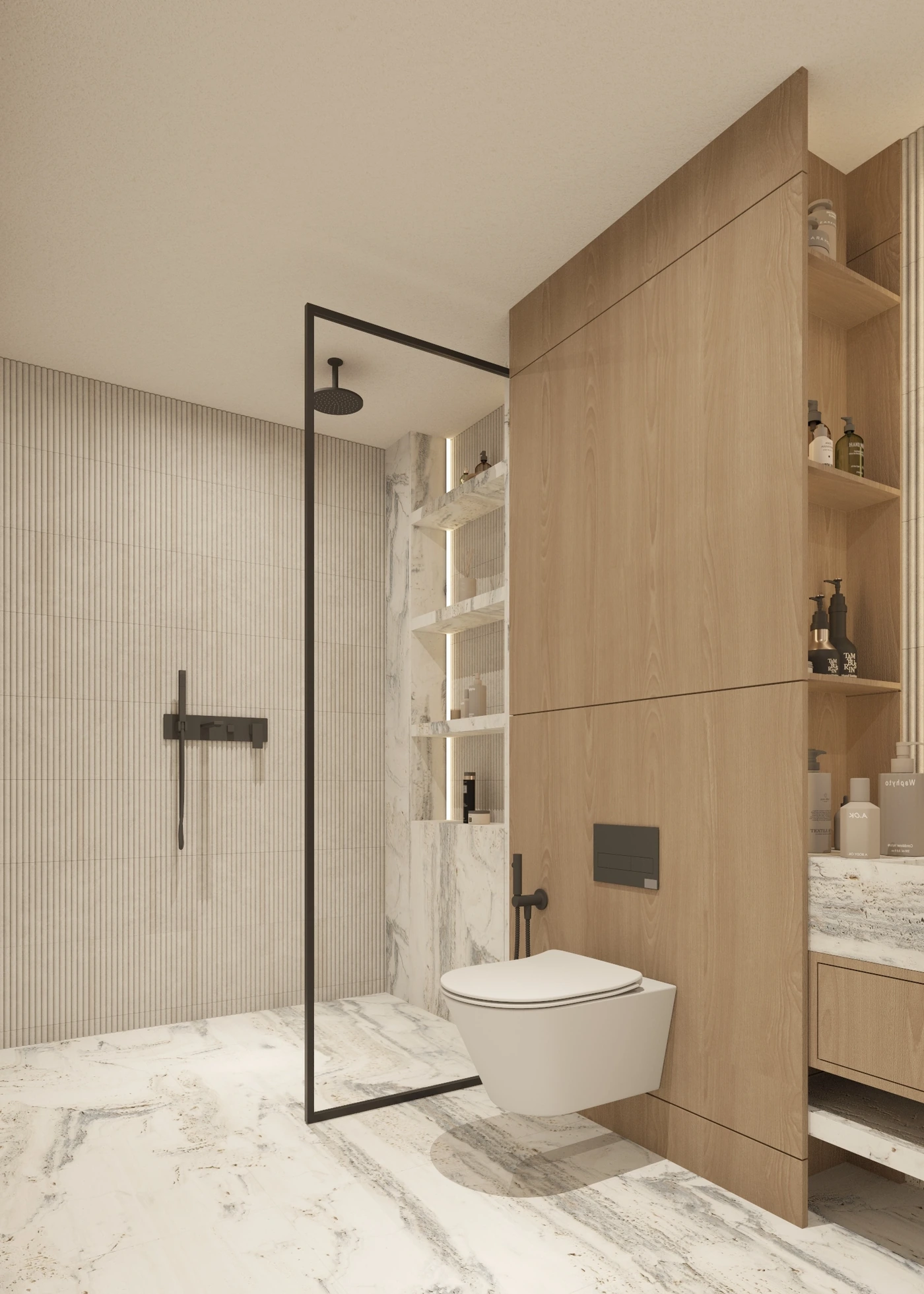 Walk-in shower with pale fluted tiles, timber partition and illuminated shelving