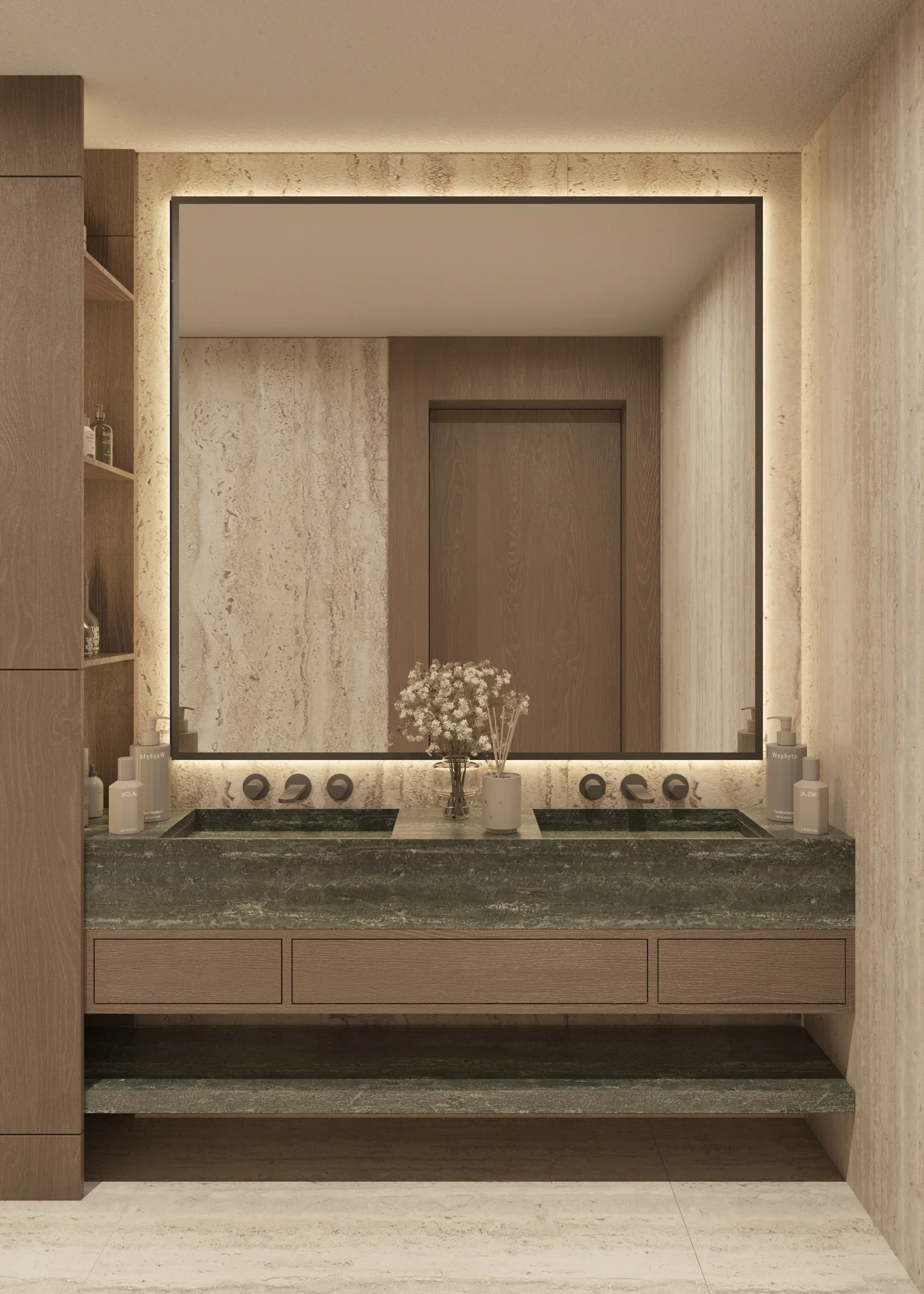 Portrait front view of a green stone vanity beneath an illuminated mirror