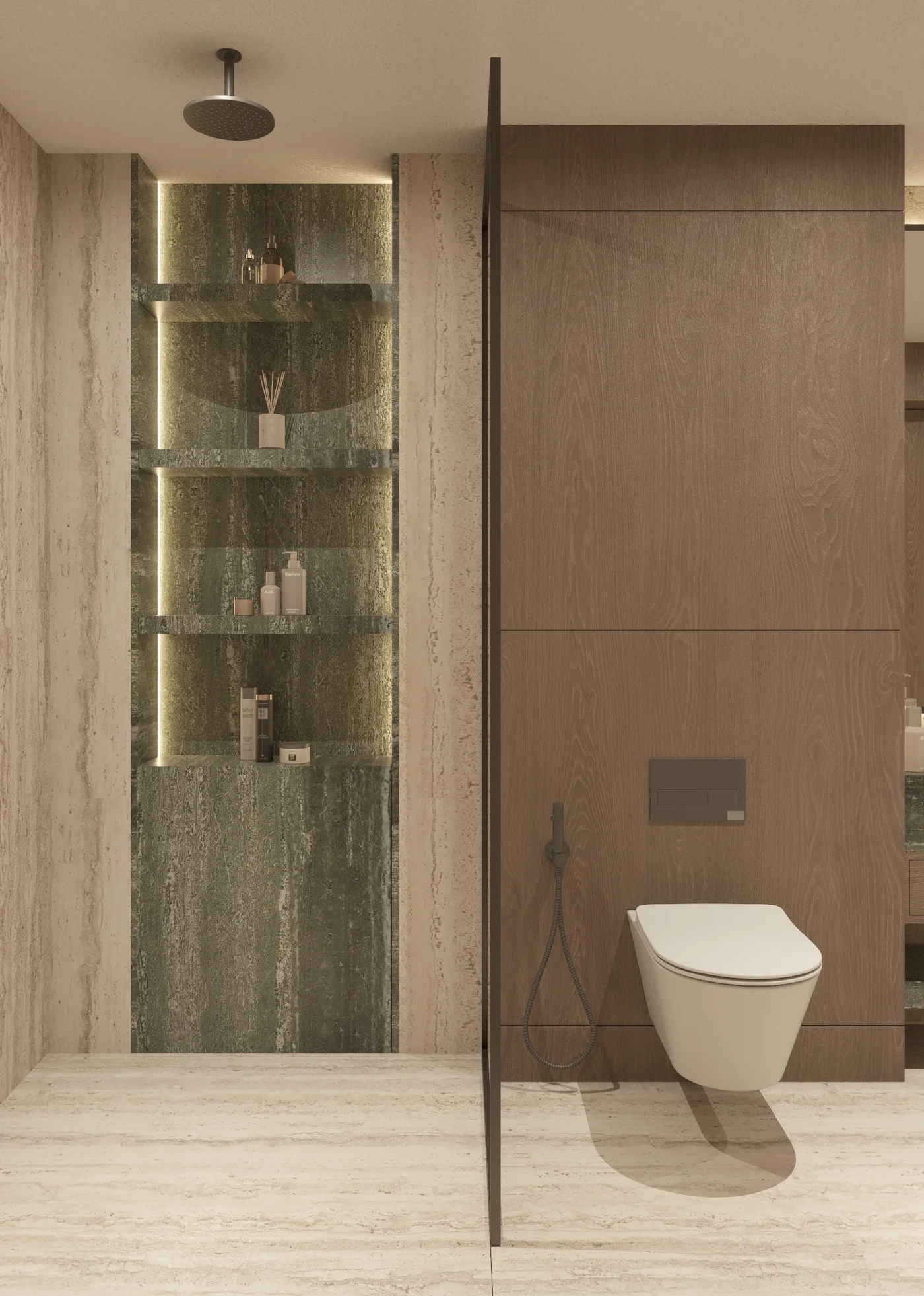 Green stone display shelves beside pale timber storage and wall-mounted toilet