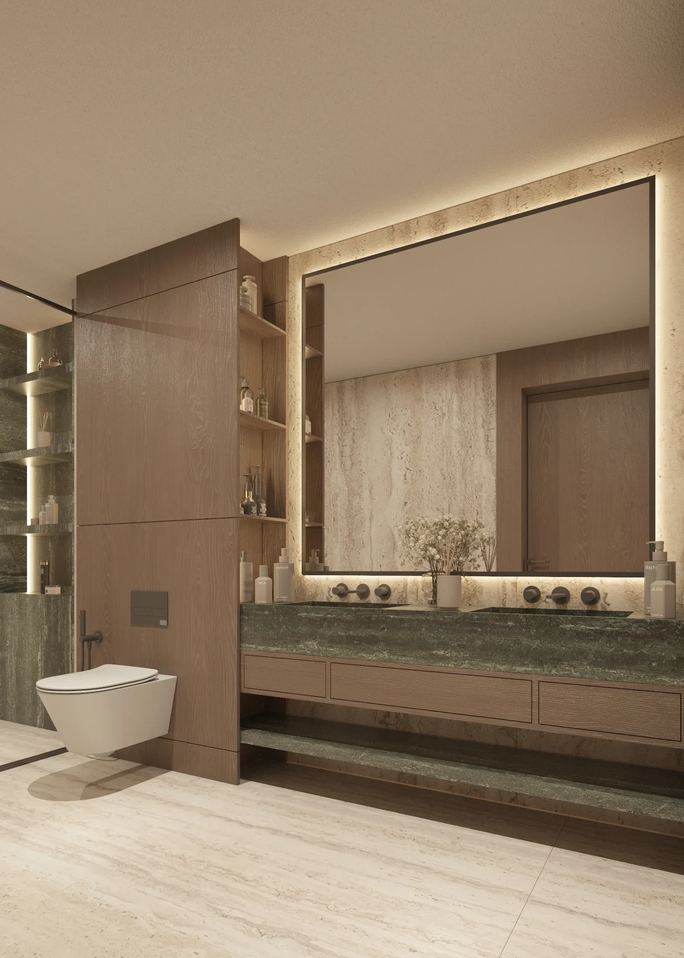 Angled view across the toilet to green stone vanity and lit shelving