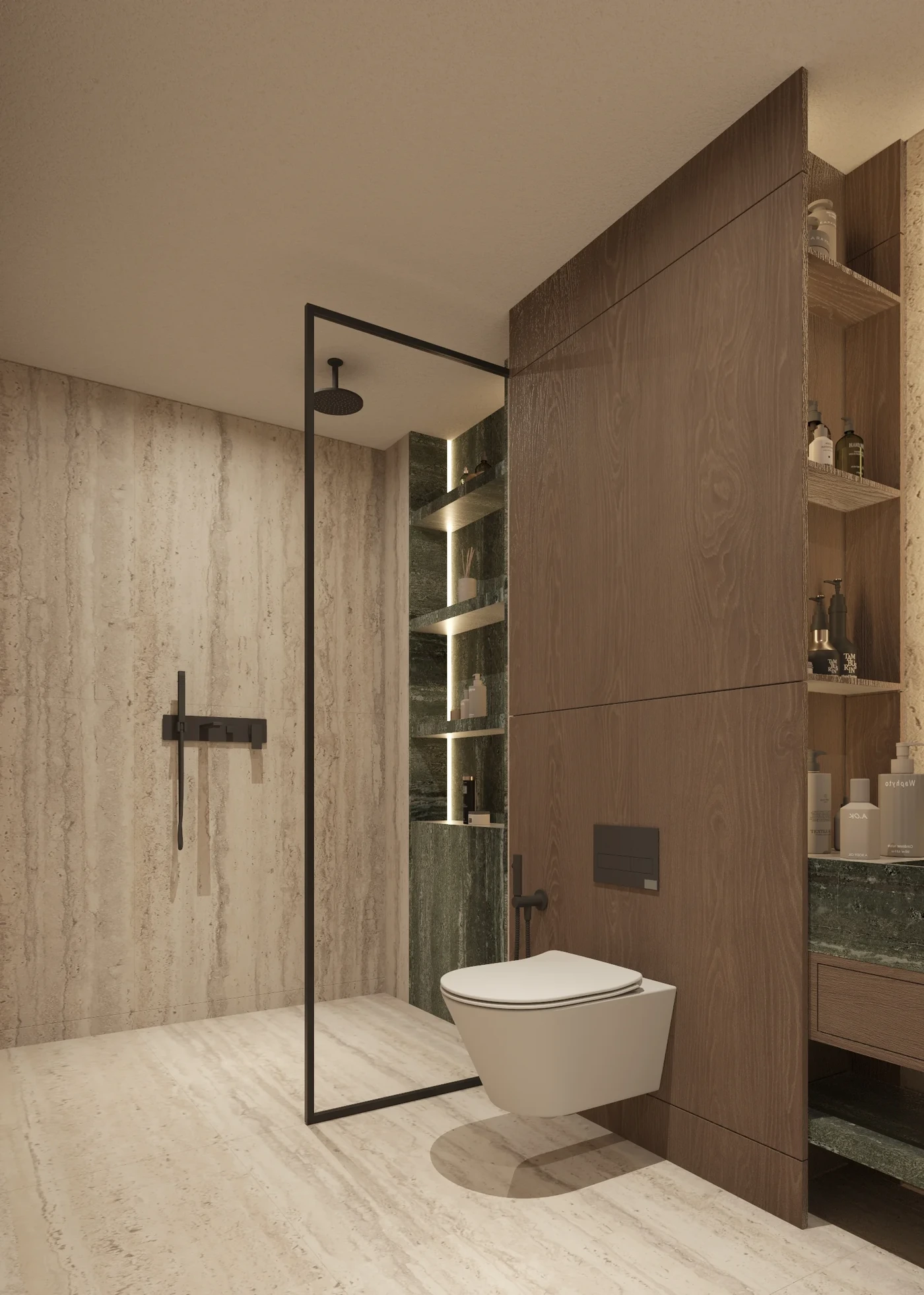 Walk-in shower beside timber storage and illuminated green stone shelves