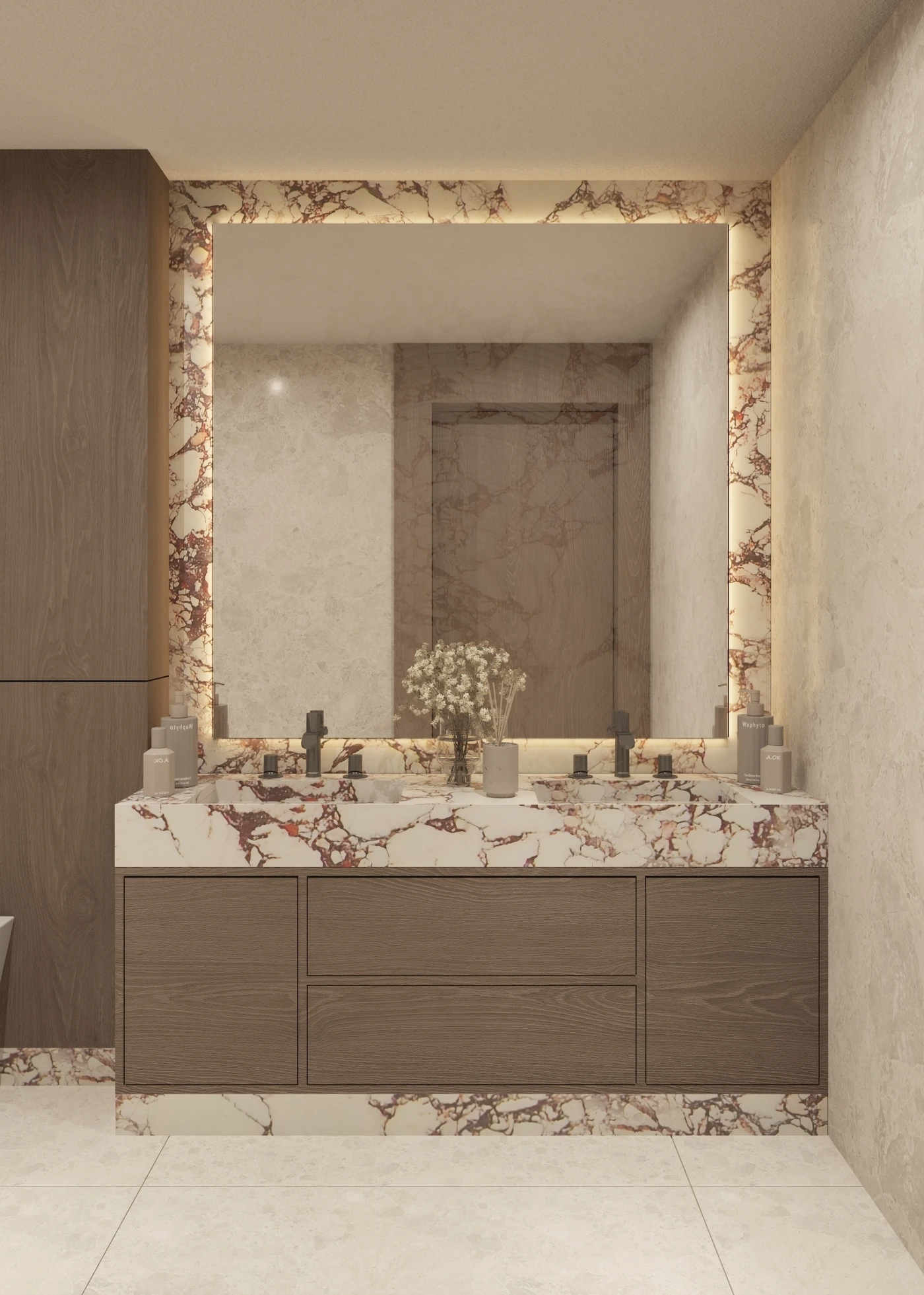 Portrait front view of a red-veined marble vanity and illuminated mirror