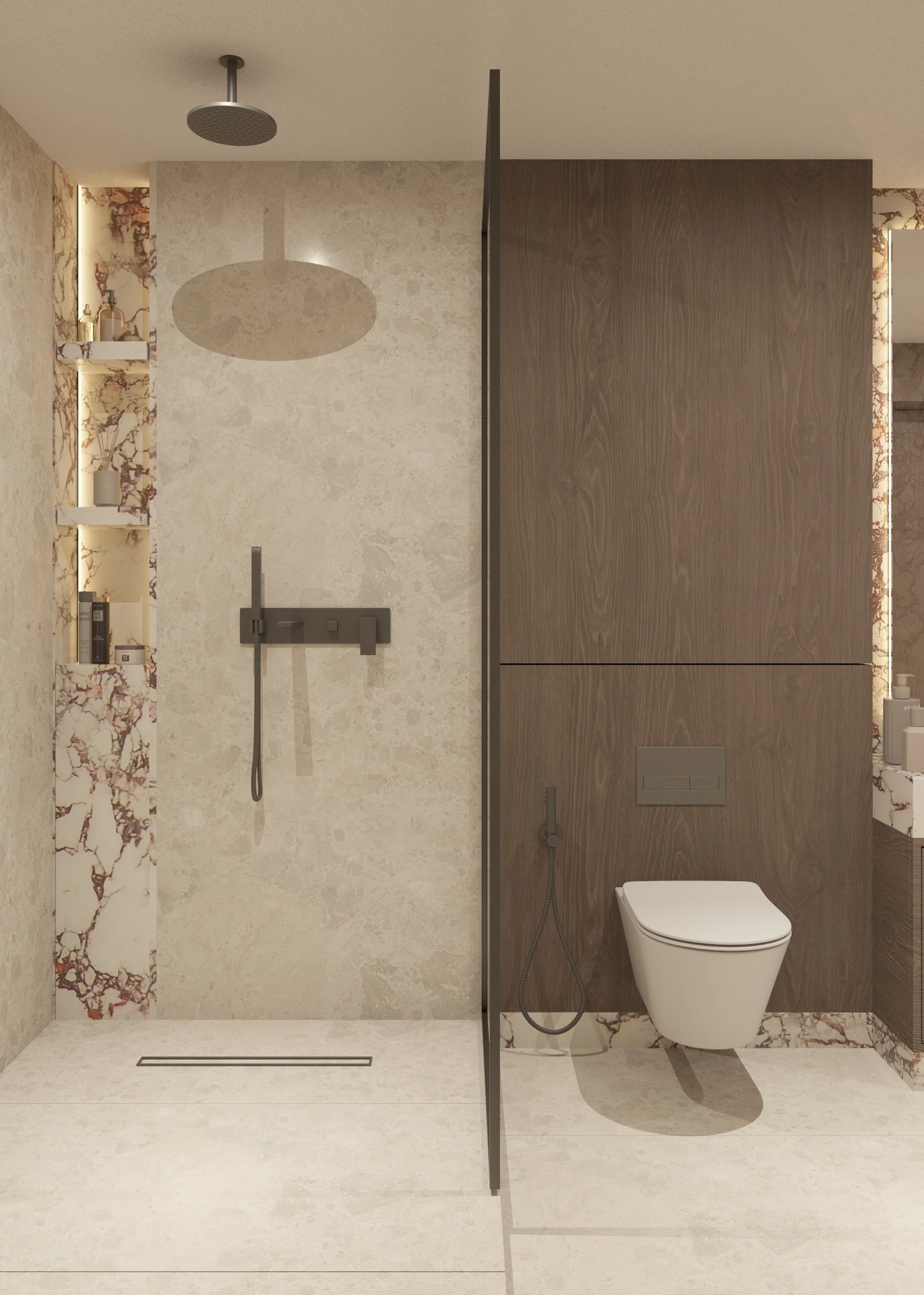 Pale shower wall beside red-veined marble trim and timber toilet partition
