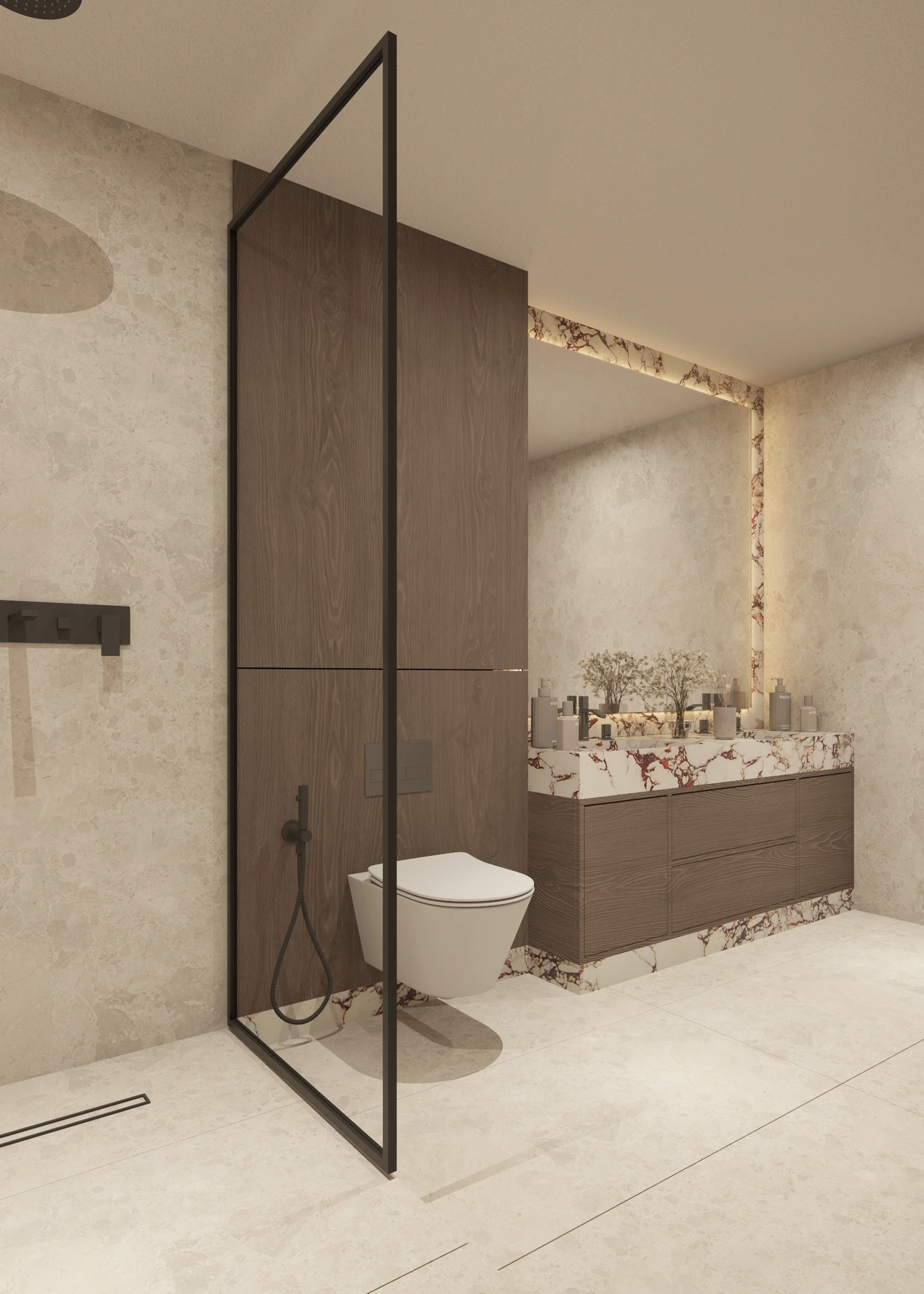 Angled portrait view of the toilet, shower screen and red-veined vanity