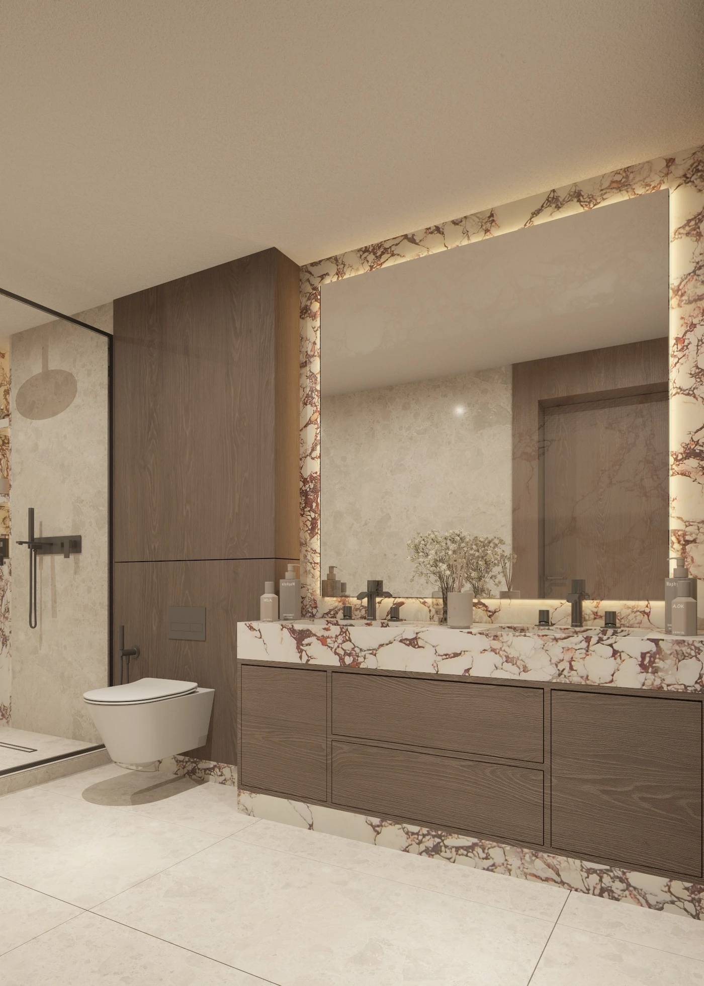 Wide portrait view across the toilet toward the red-veined marble vanity