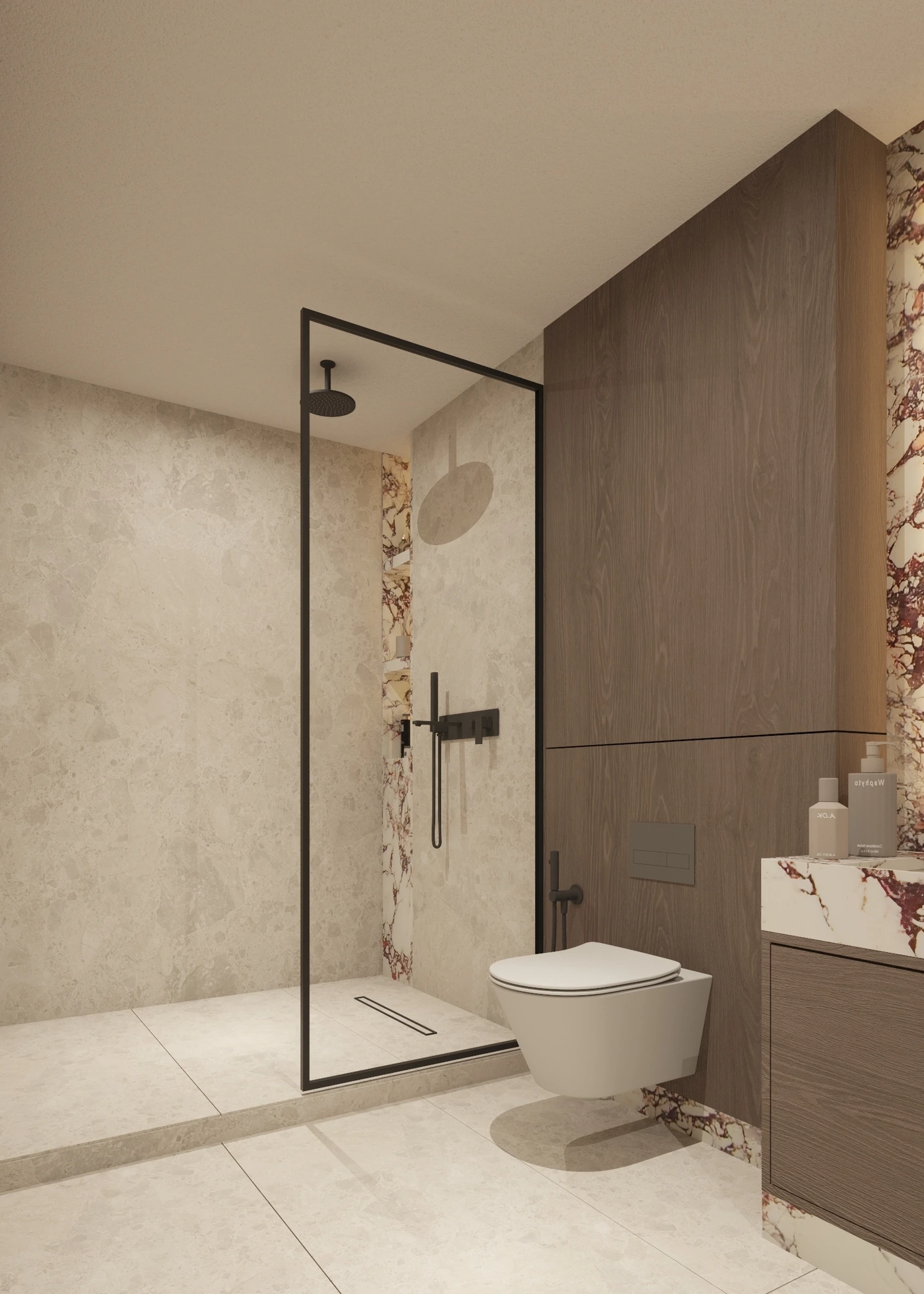 Walk-in shower, timber partition and red-veined vanity seen through black glass framing