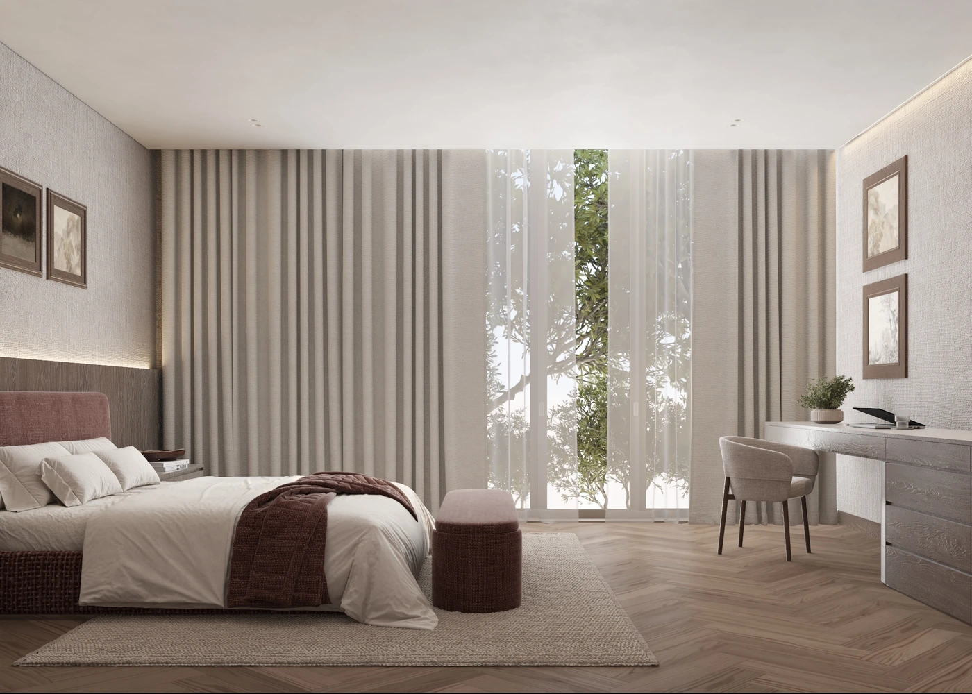Daylit bedroom with burgundy upholstered bed, long desk and garden-facing window