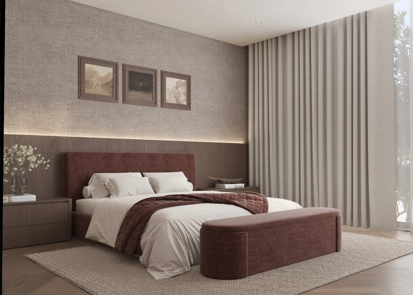 Angled bedroom view with burgundy bed, bench and full-height curtains