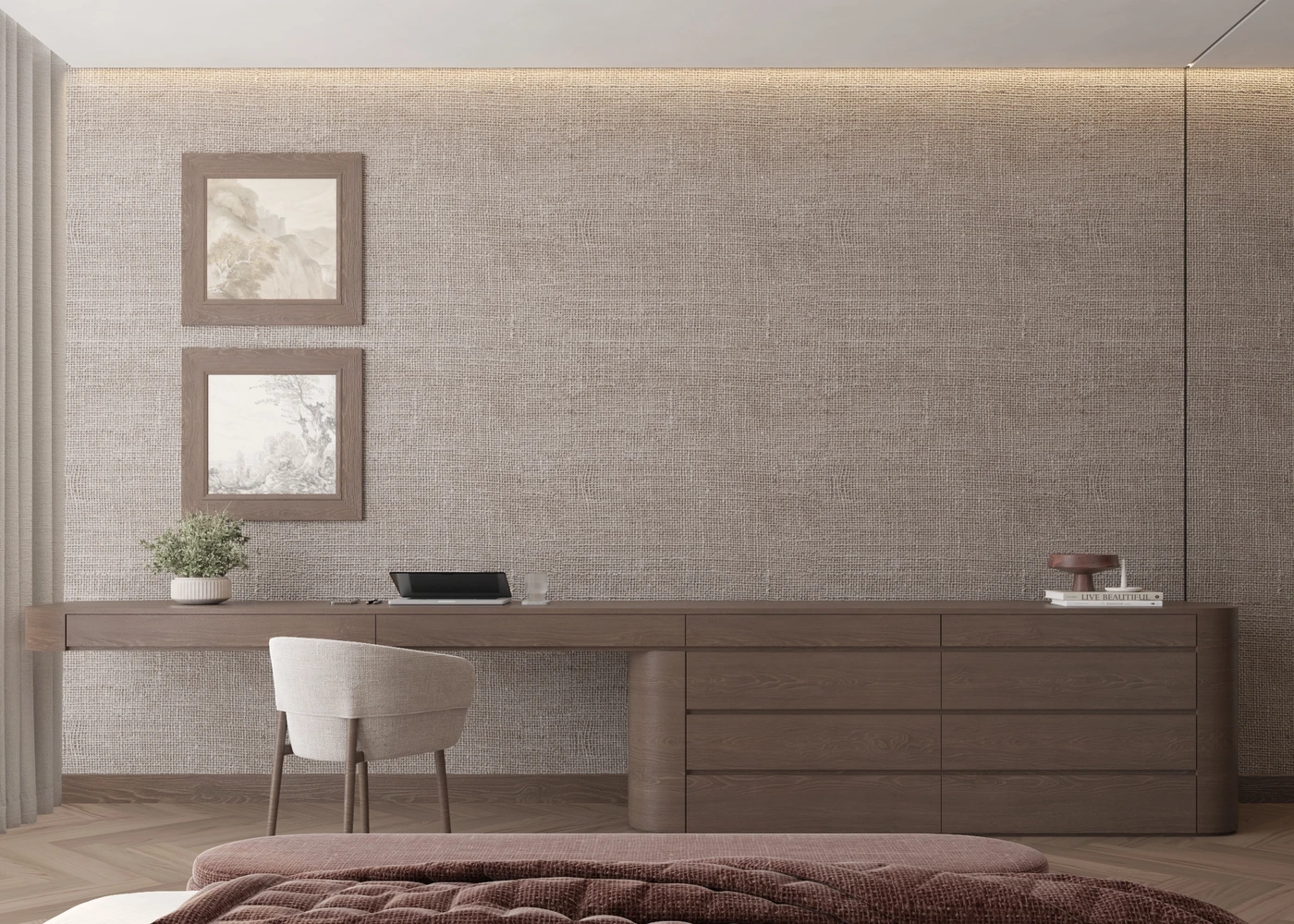 Integrated timber desk and drawer wall opposite the burgundy upholstered bed