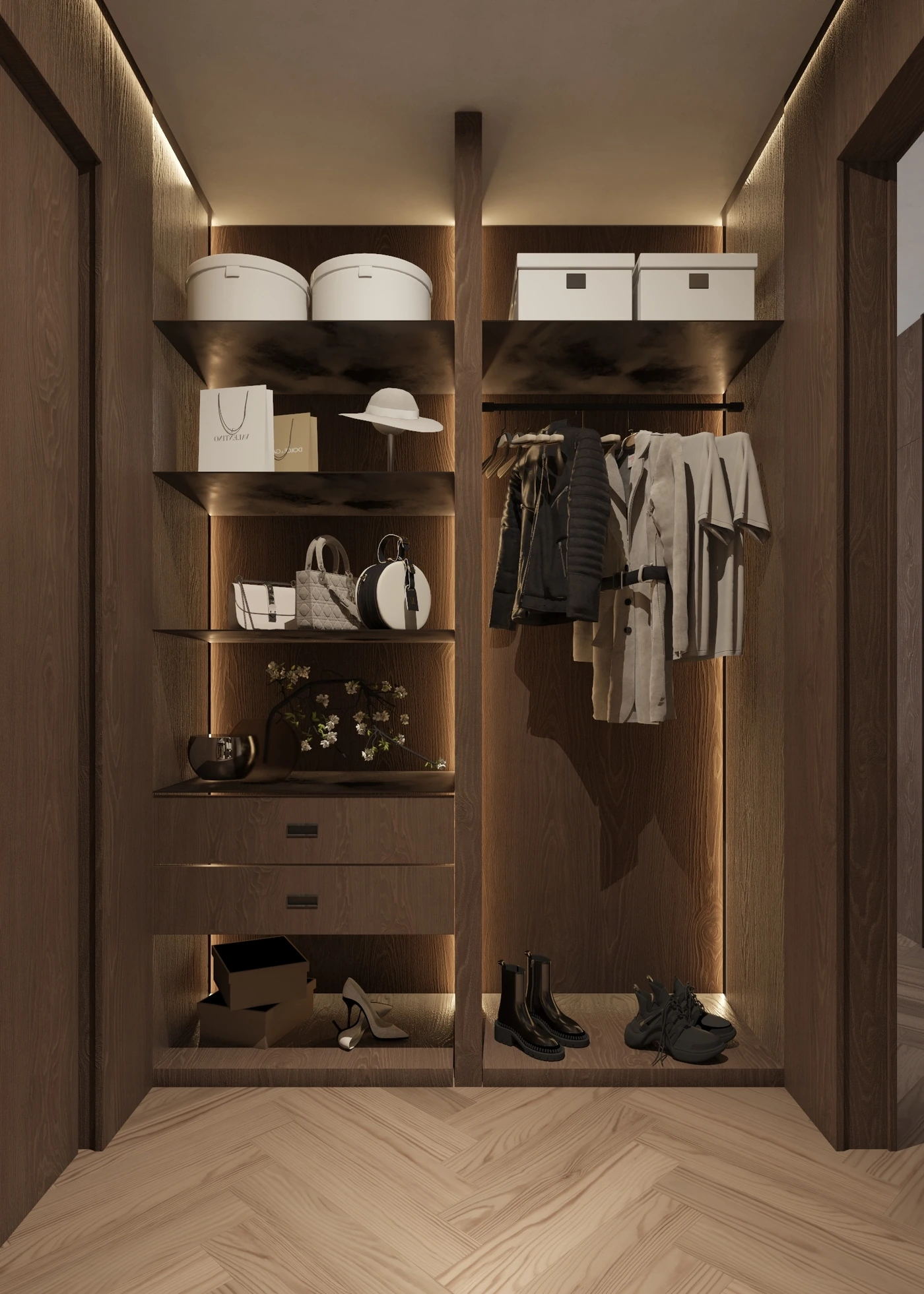 Illuminated wardrobe niche with hanging rails, drawers and display shelves