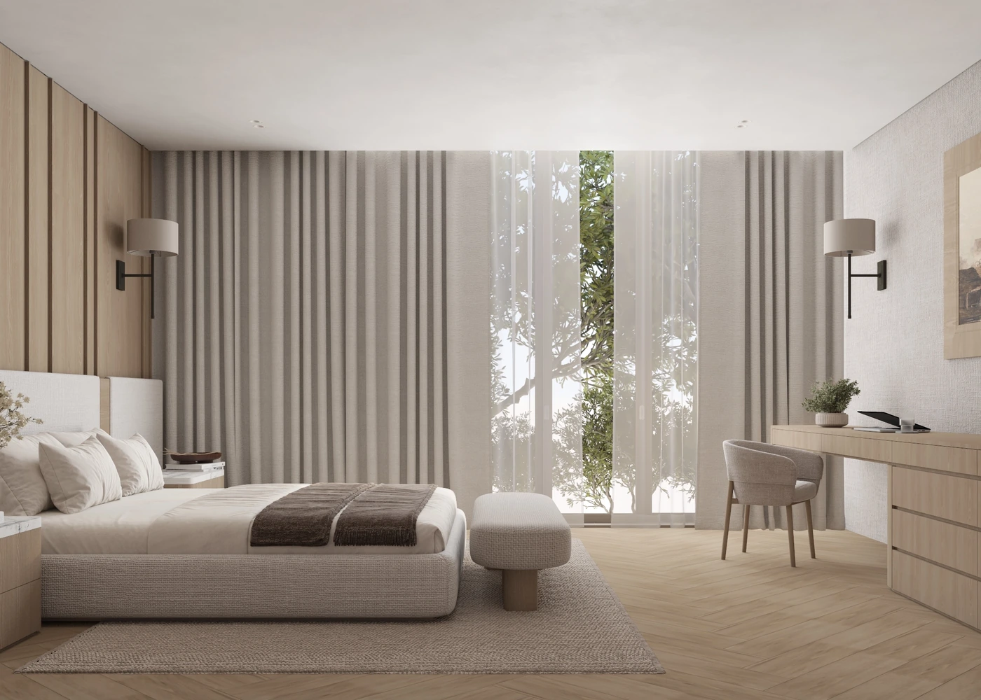 Pale bedroom with low upholstered bed, desk and full-height garden window