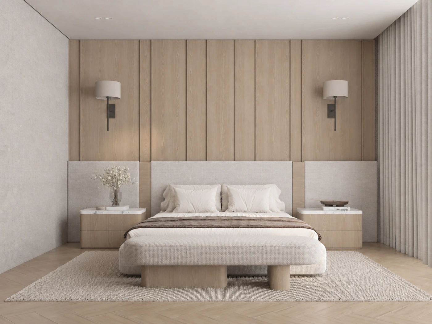 Front view of the pale bed against vertical timber panels and wall sconces