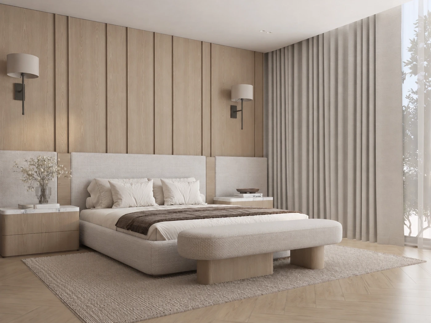 Angled pale bedroom view with rounded bench, timber bed wall and curtains