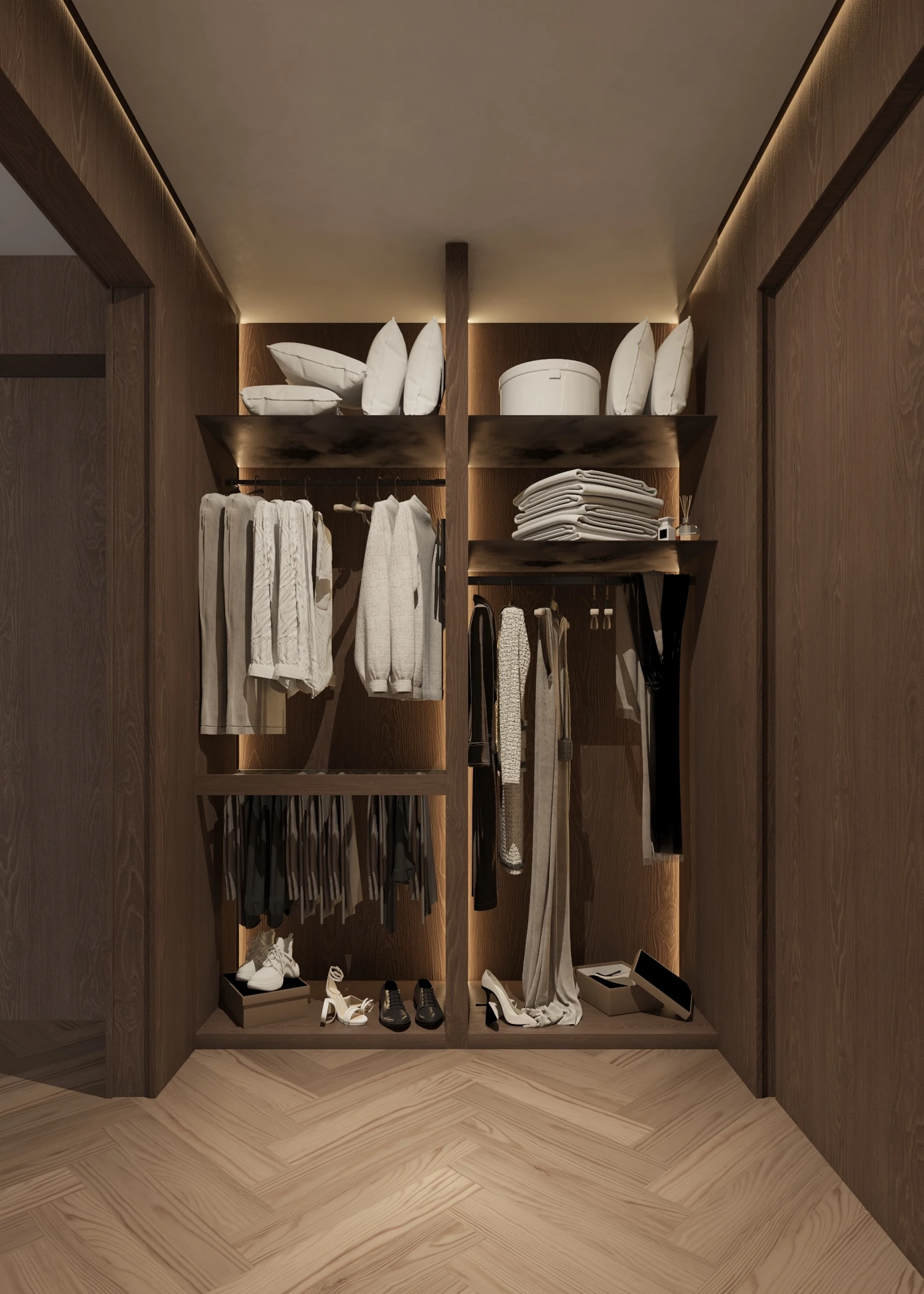 Open dark-timber wardrobe with illuminated rails, shelves and folded linens